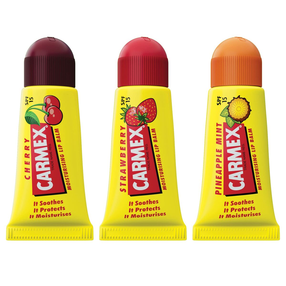 Moisturising Lip Balm Carmex Triplo Spf 15 Strawberry Pineapple Cherry 3 Pieces skincare packaging