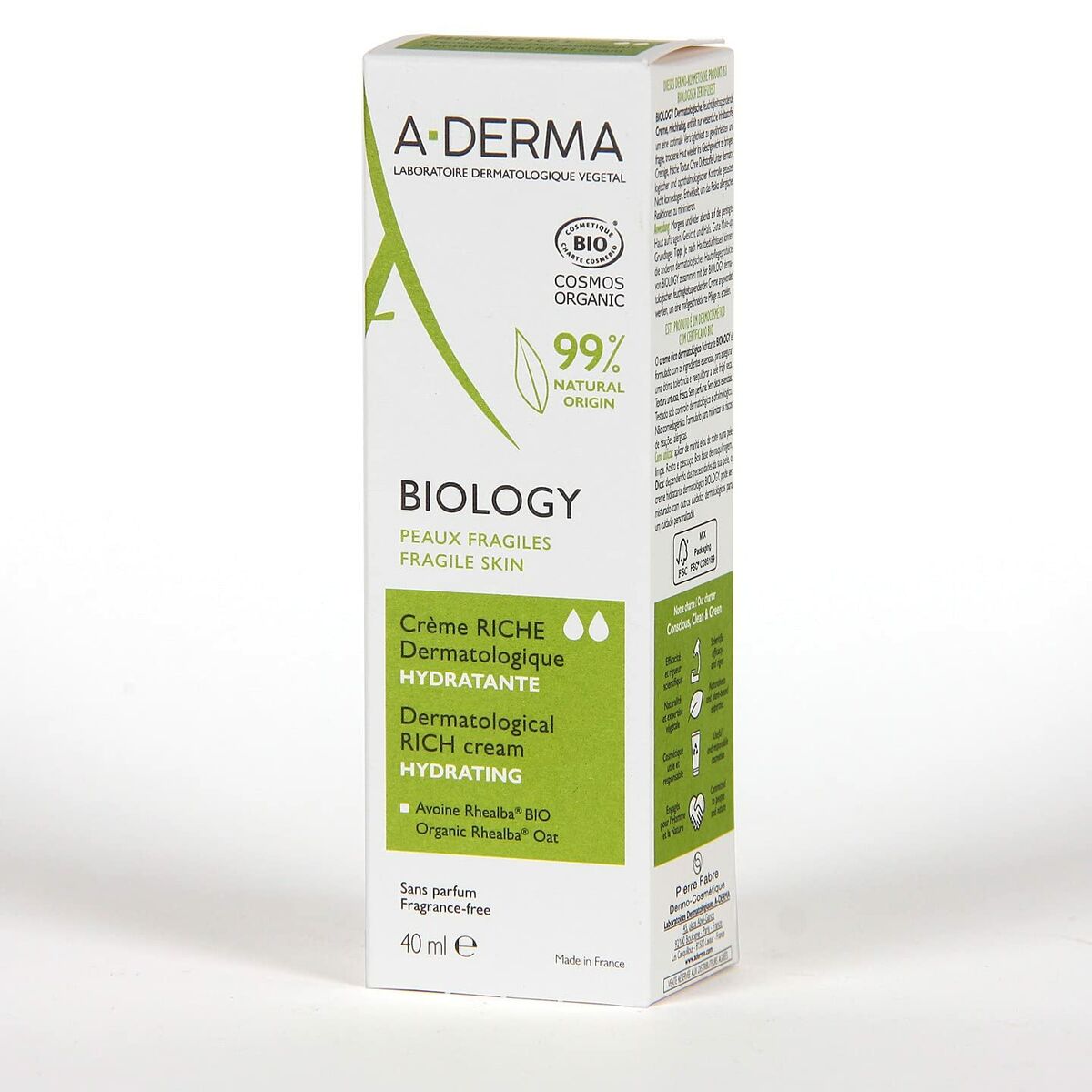 Hydrating Facial Cream A-Derma Biology (40 ml) for Women skincare packaging