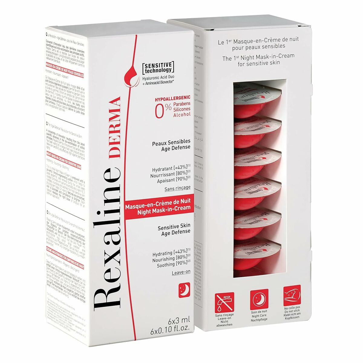 Moisturising Overnight Mask Rexaline Derma 3 ml 75 ml 3 ml x 6 Sensitive skin for Women mask packaging