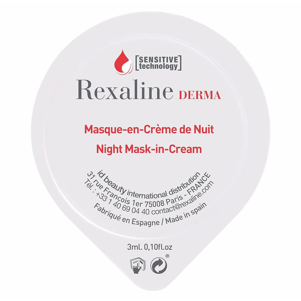Moisturising Overnight Mask Rexaline Derma 3 ml 75 ml 3 ml x 6 Sensitive skin for Women mask packaging