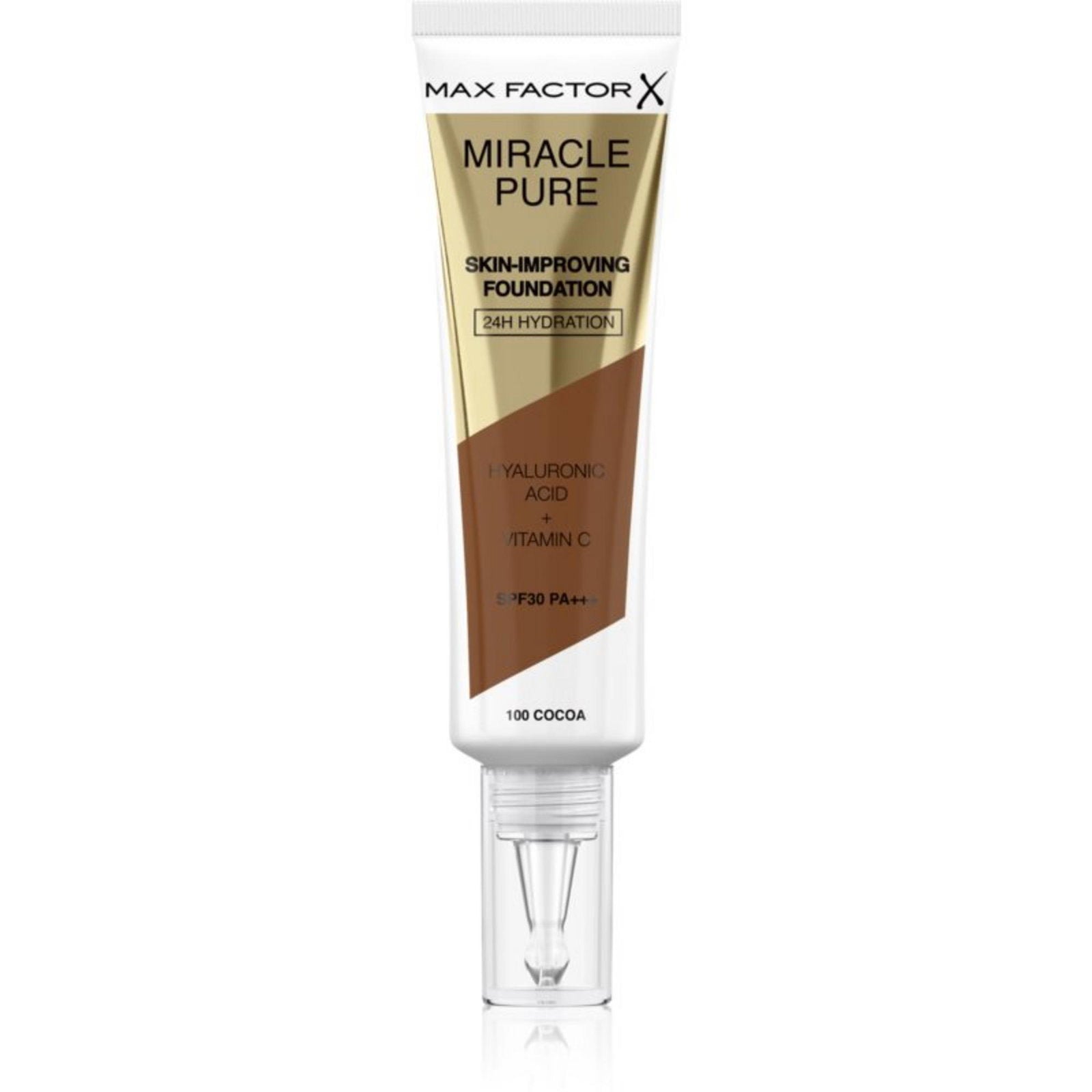 Max Factor, Miracle Pure, Hyaluronic Acid, Radiant, Liquid Foundation & Serum 2-In-1, Cocoa, 100, SPF 30, 30 ml