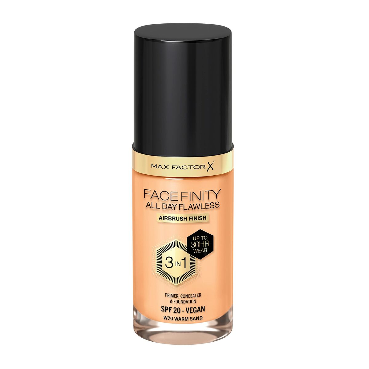 Crème Make-up Base Max Factor Facefinity Nº 70-warm sand Nº 70 Warm Sand Spf 20 30 ml 3-in-1 product packaging
