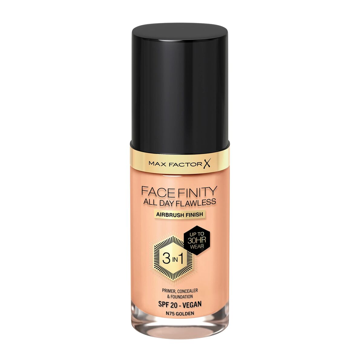 Crème Make-up Base Max Factor Facefinity Nº 75 Golden Spf 20 30 ml 3-in-1 product packaging