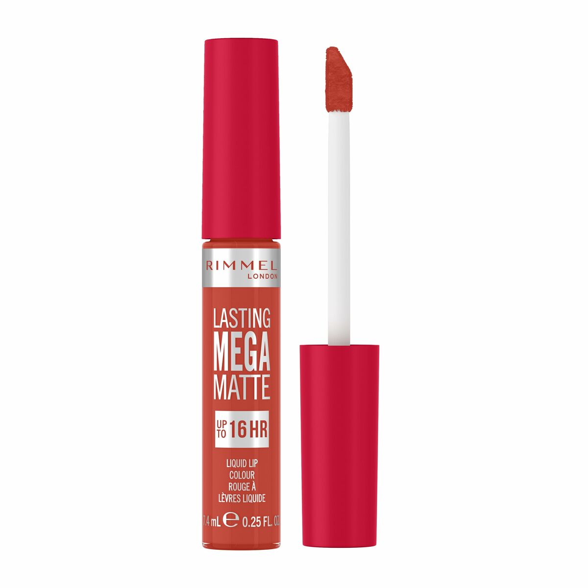 Liquid lipstick Rimmel London Lasting Mega Matte Nº 920 Scarlet Flames Nº 920-Scarlet Flames 7,4 ml makeup packaging 7.4 ml
