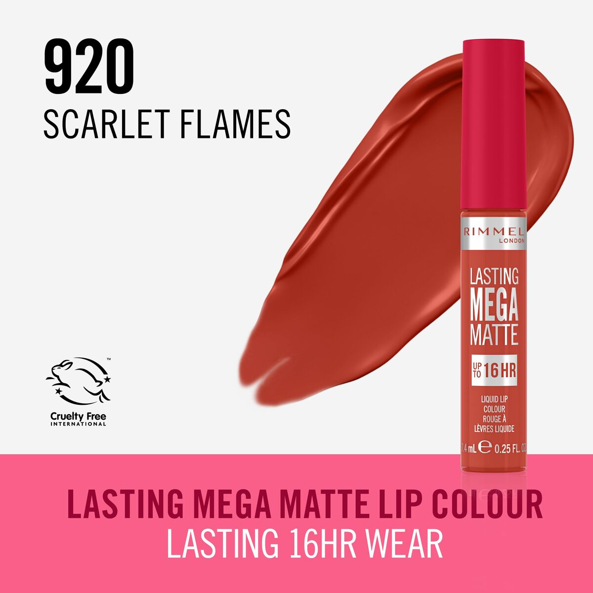 Liquid lipstick Rimmel London Lasting Mega Matte Nº 920 Scarlet Flames Nº 920-Scarlet Flames 7,4 ml makeup packaging 7.4 ml