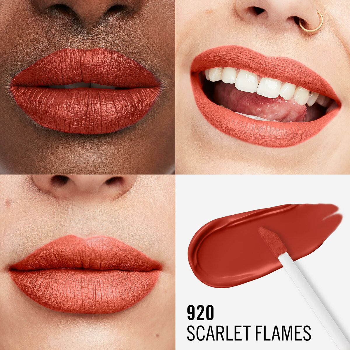 Liquid lipstick Rimmel London Lasting Mega Matte Nº 920 Scarlet Flames Nº 920-Scarlet Flames 7,4 ml makeup packaging 7.4 ml