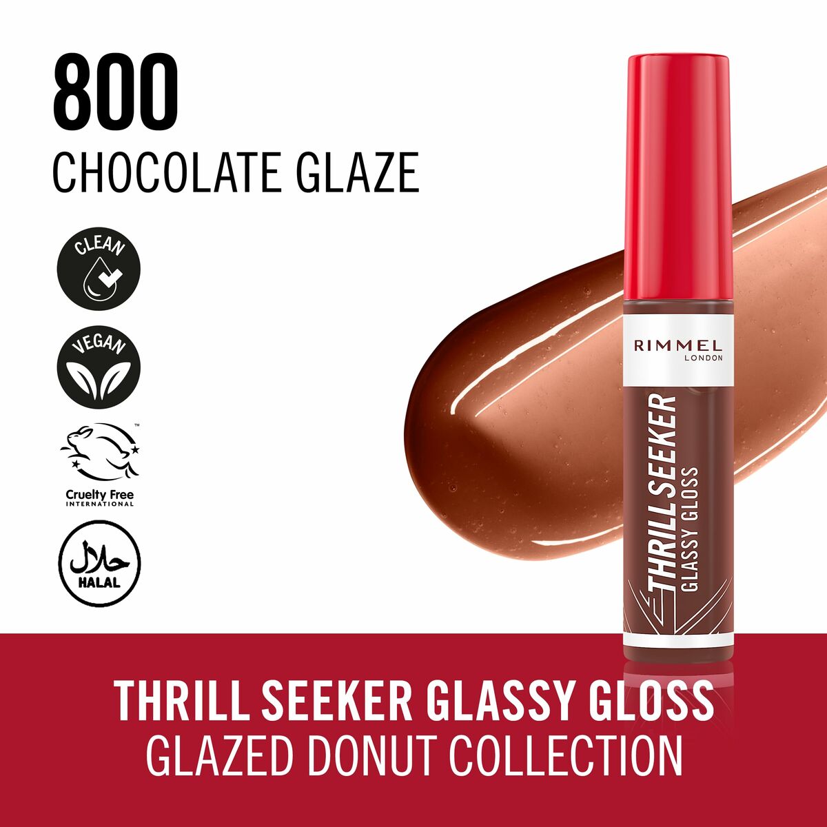 Lip-gloss Rimmel London THRILL SEEKER Nº 800-Chocolate Glaze 10 ml product packaging