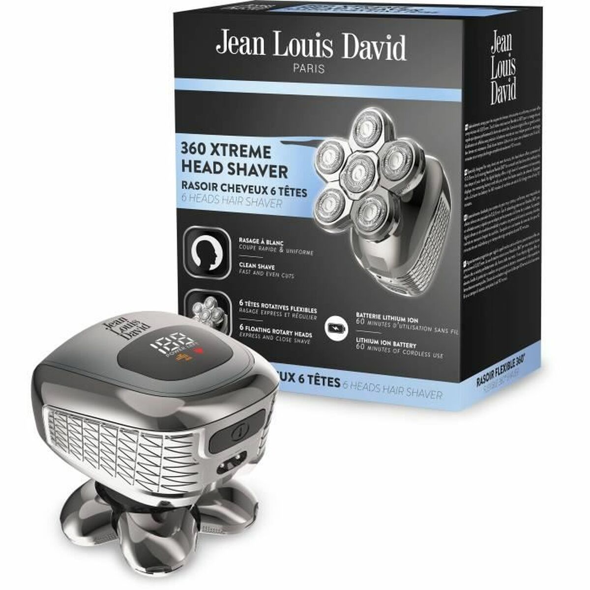 Hair Clippers Jean Louis David JLD 360 XTREME HEAD SHAVER 6 Pieces product packaging