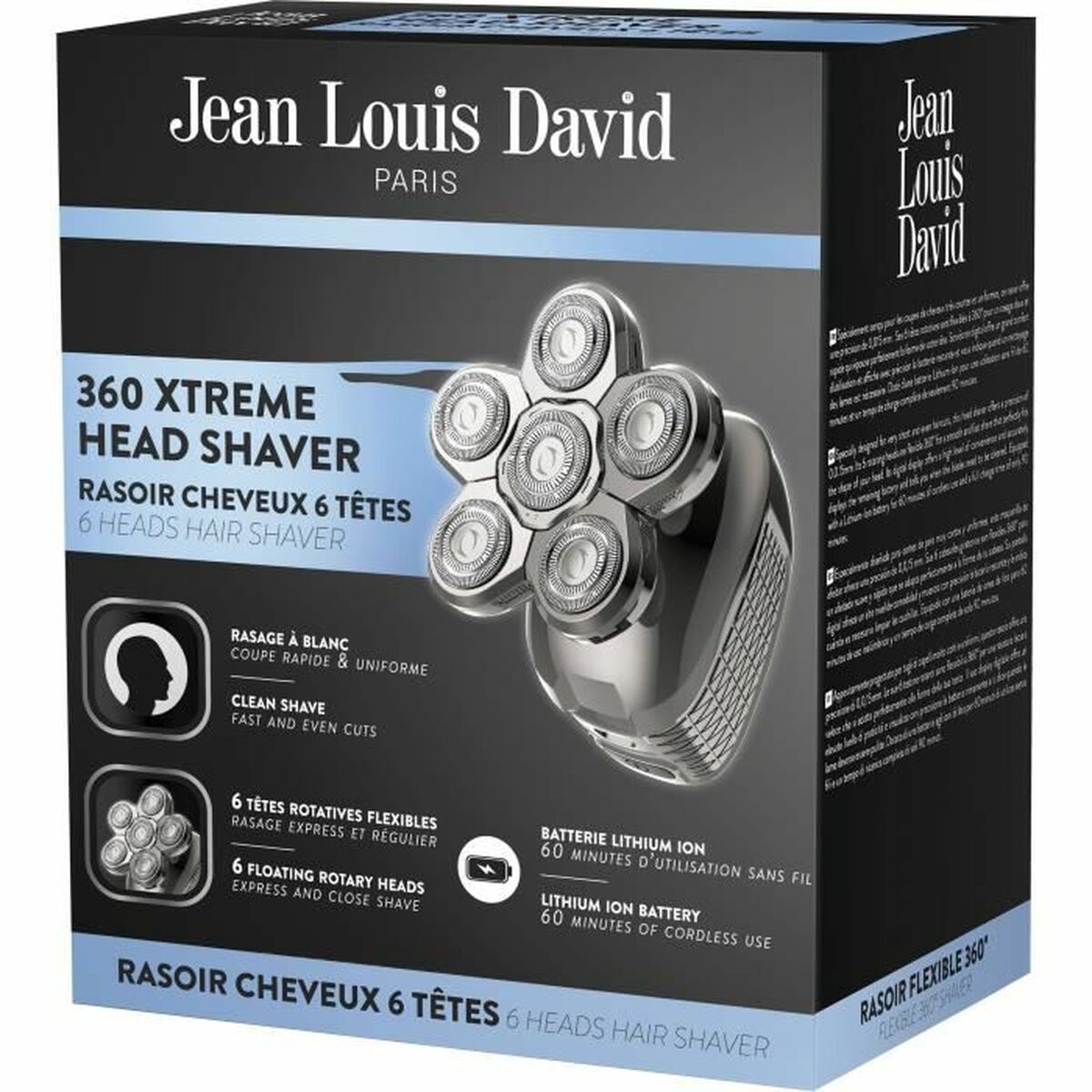 Hair Clippers Jean Louis David JLD 360 XTREME HEAD SHAVER 6 Pieces product packaging