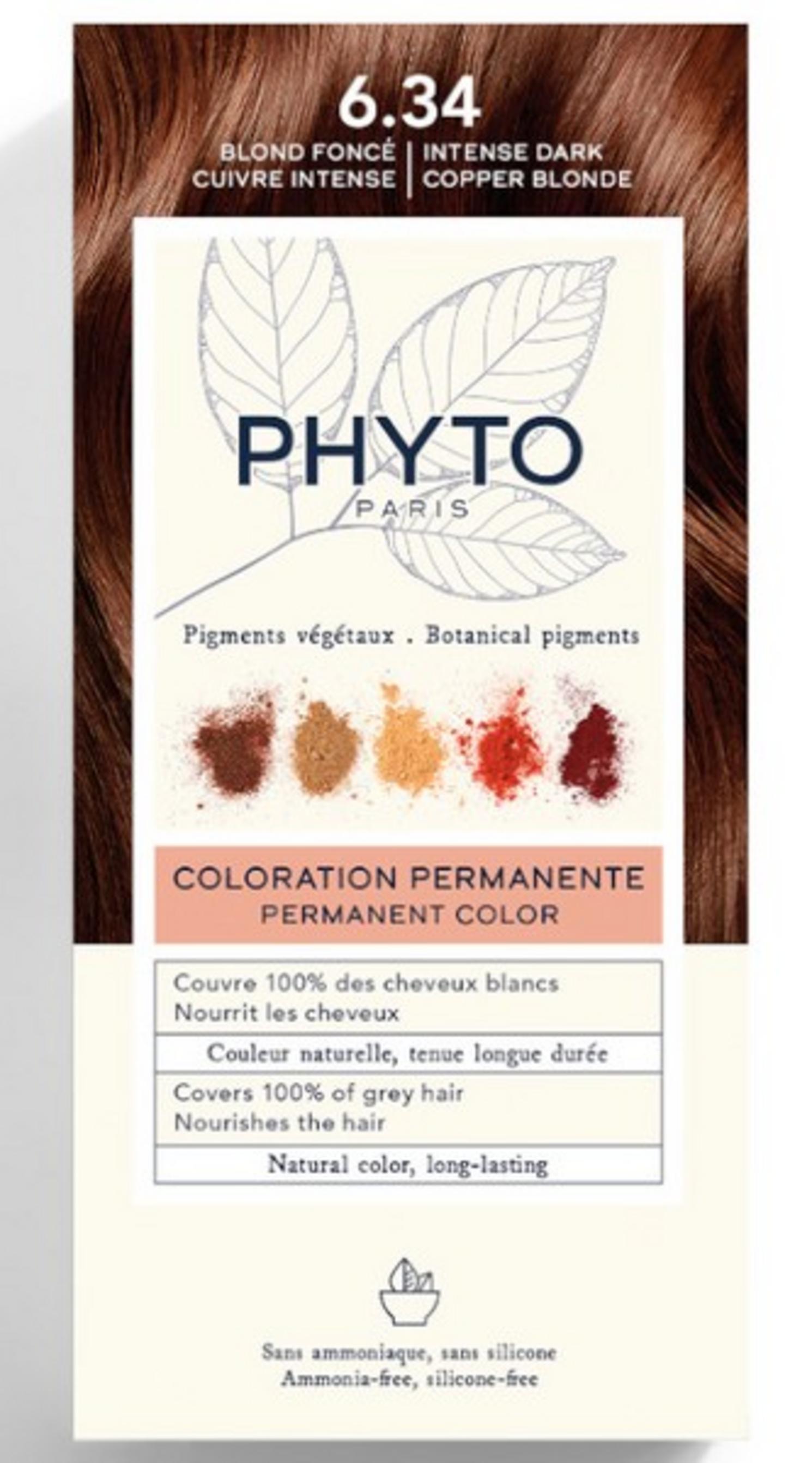 Phyto, Color Kit Coloration, Permanent Hair Dye, 6.34 Intense Dark Copper Blonde, 1 pcs