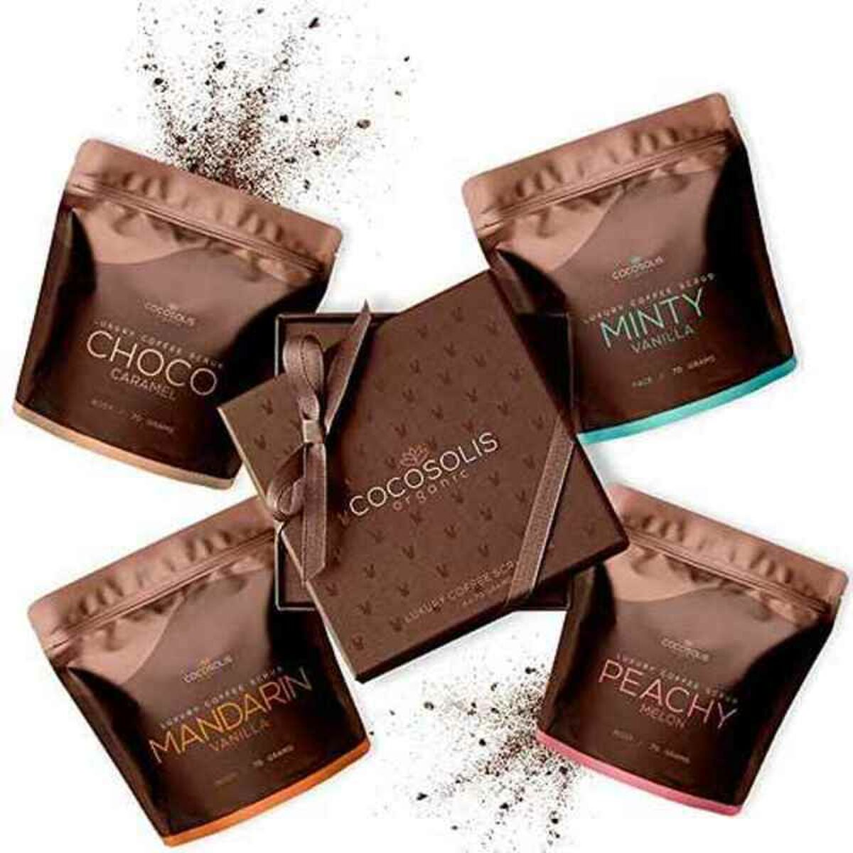 Facial Exfoliator Cocosolis Luxury Coffee Scrub Box 4 Pieces for Women product packaging