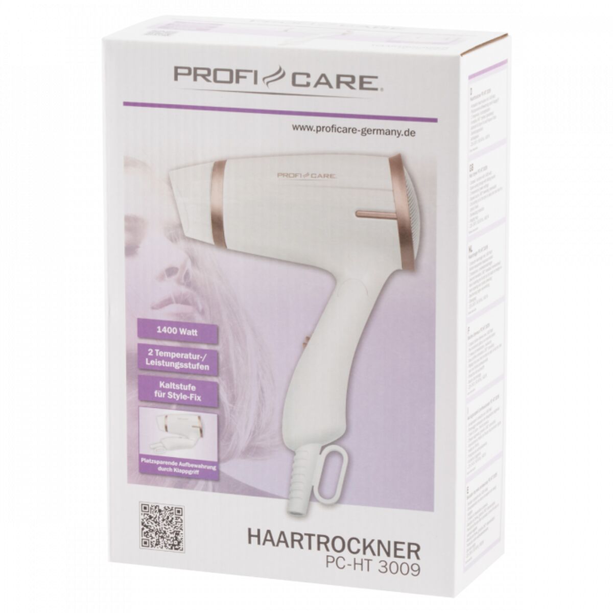 Hairdryer ProfiCare PC-HT 3009 White Champagne Printed 1400 W product packaging