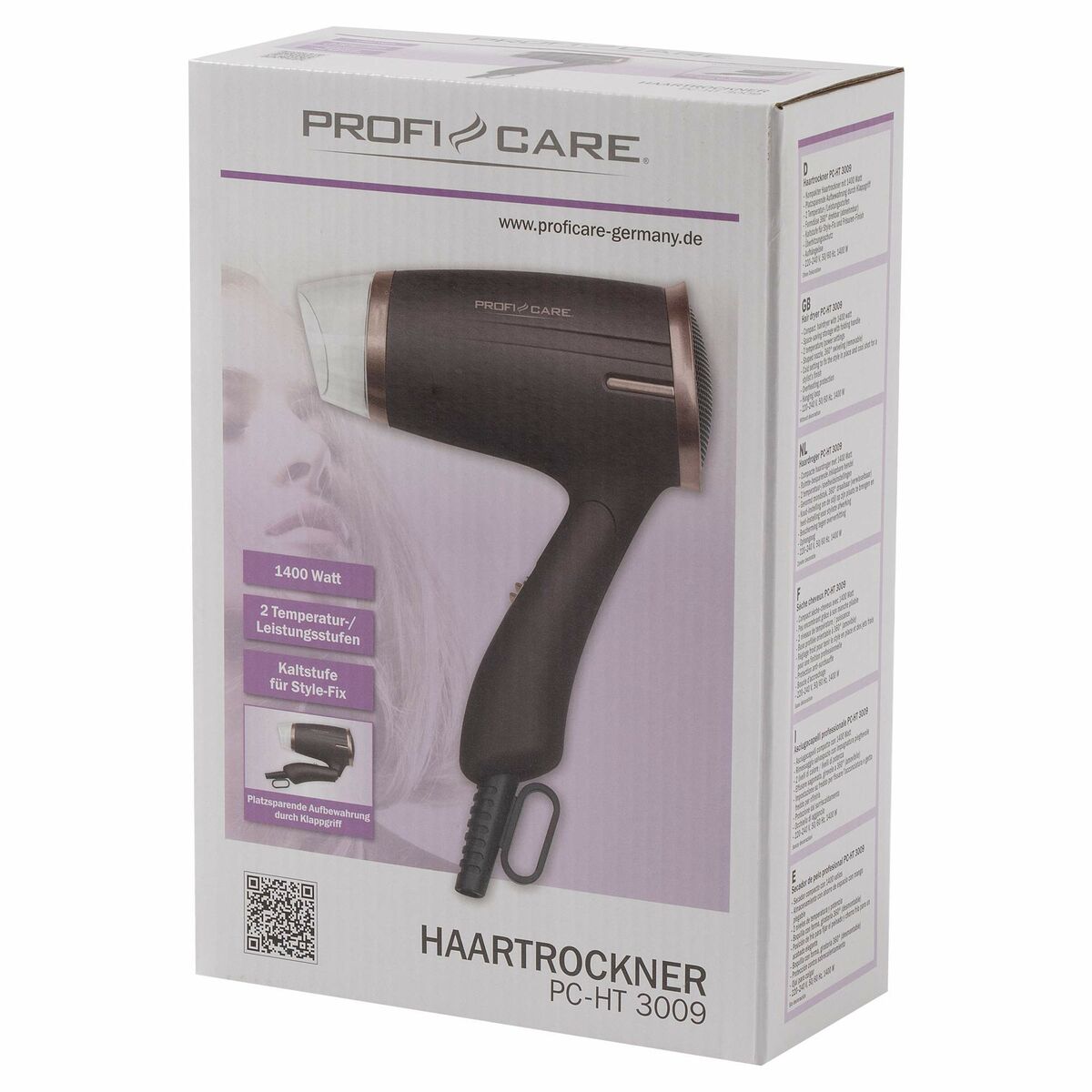 Hairdryer ProfiCare PC-HT 3009 Gold Bronze 1400 W product packaging
