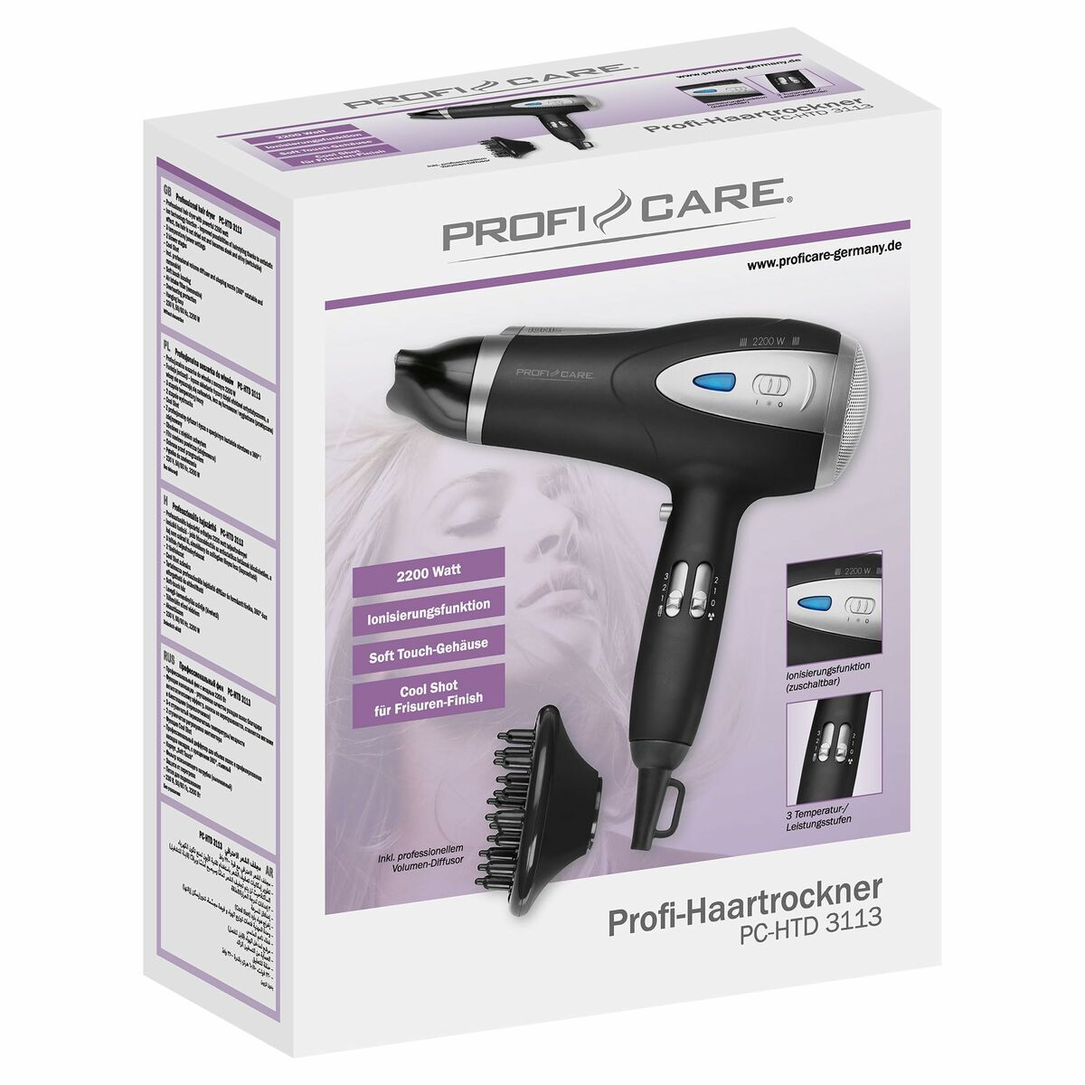 Hairdryer ProfiCare PC-HTD 3113 CZARNA Black 2200 W product packaging
