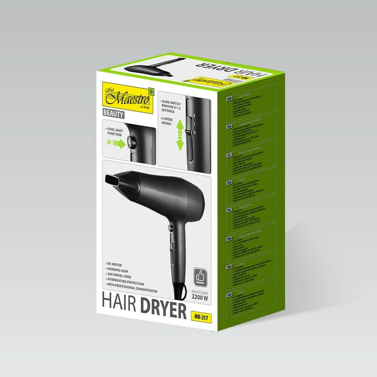Hairdryer Feel Maestro MR-217 Black Graphite 2200 W product packaging