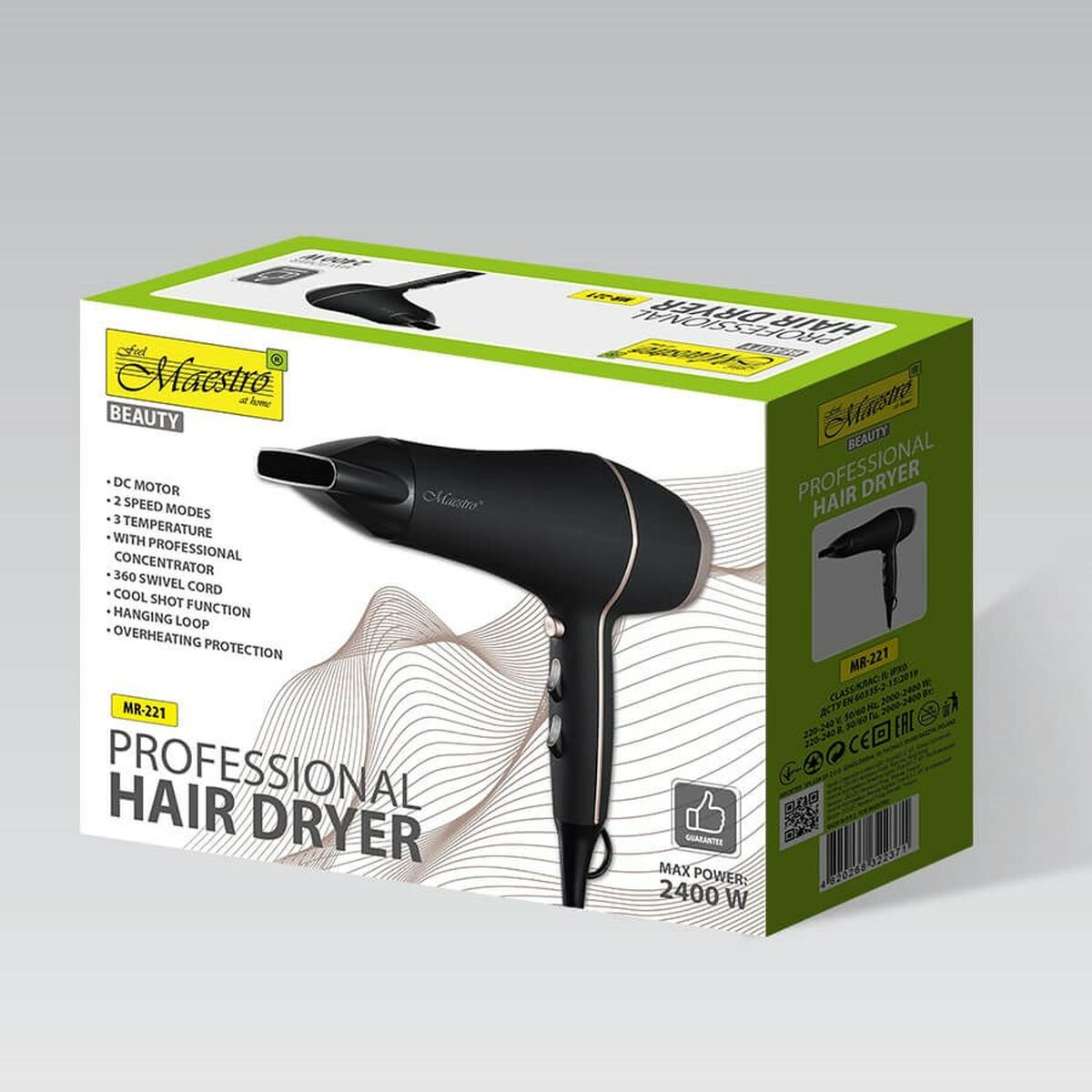 Hairdryer Feel Maestro MR-221 Black 2400 W product packaging