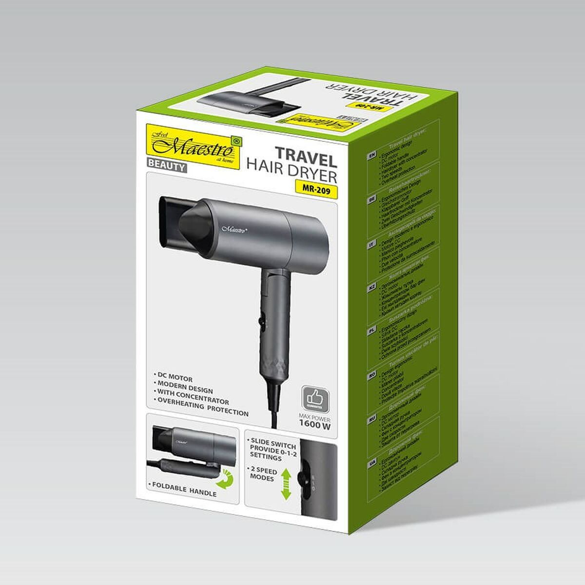 Hairdryer Feel Maestro MR-209 Black Graphite 1600 W product packaging