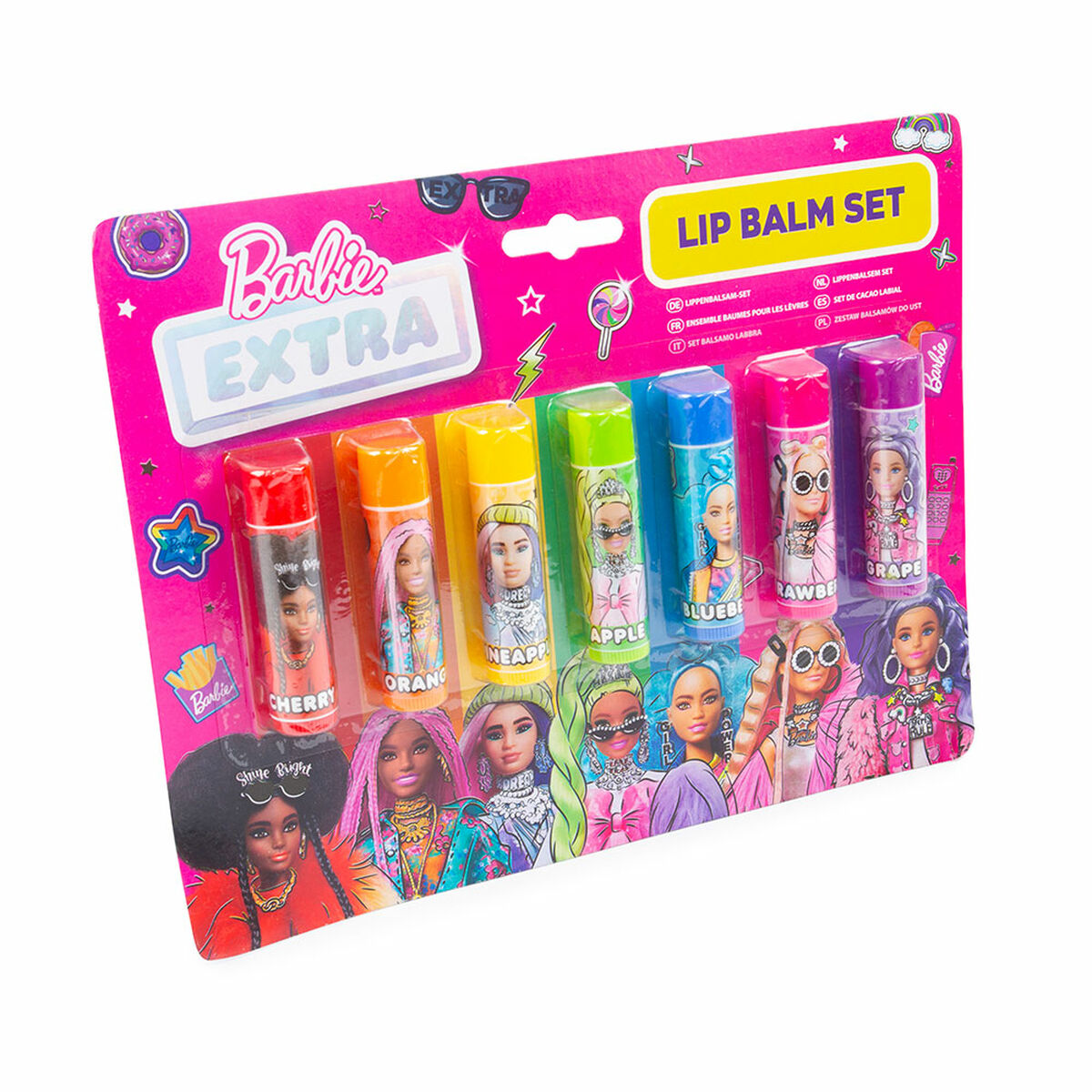 Coloured Lip Balm Barbie Children's 7 Pieces skincare packaging