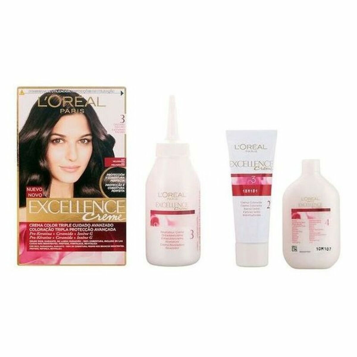 Permanent Dye L'Oreal Make Up Excellence Nº 3 Castano Oscuro Nº 3-Castano Oscuro 192 ml product packaging