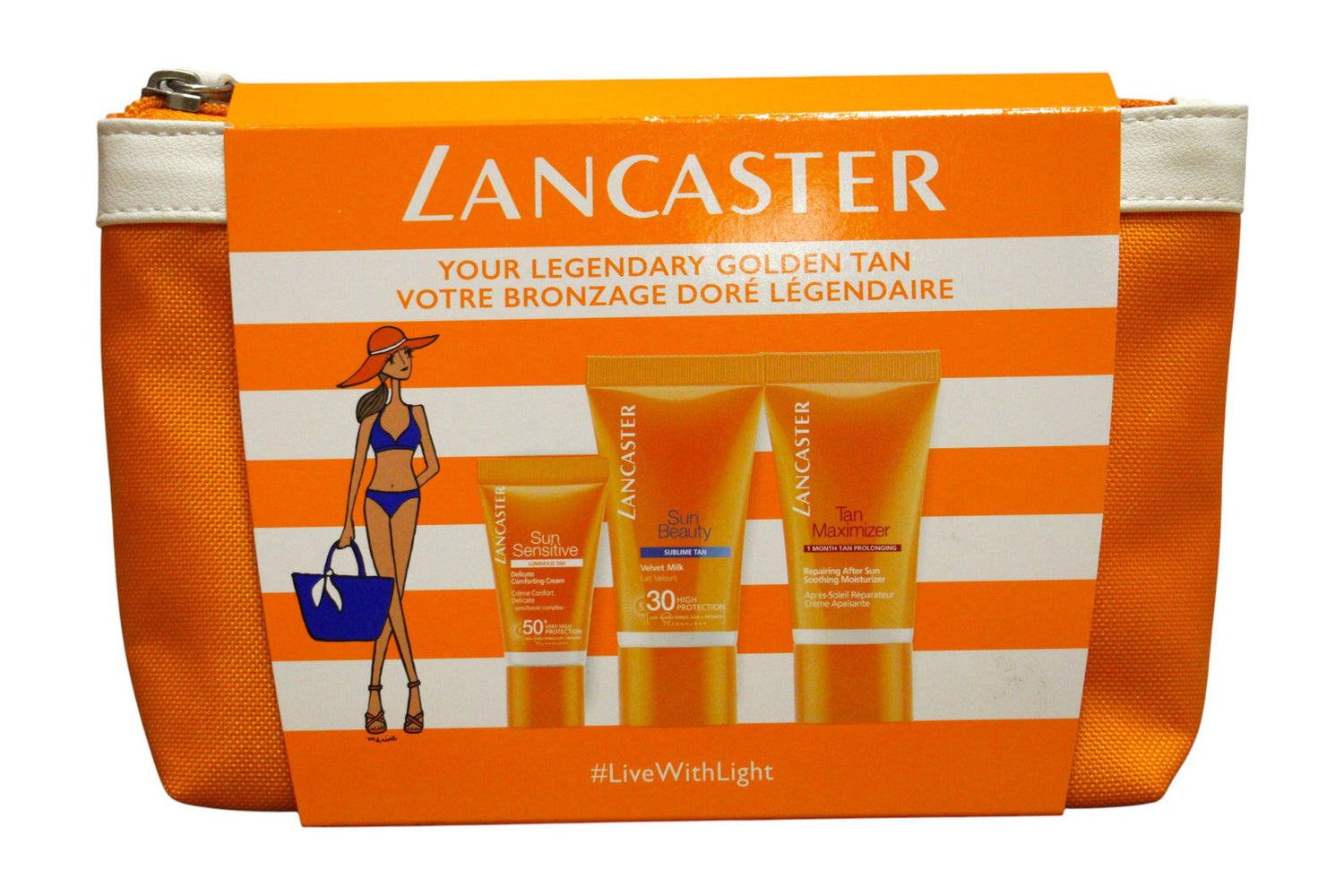 Gift Set Lancaster: Sun Beauty, Sun Protection, Body Milk, SPF 30, For Face & Body, Before Sun Exposure, 15 ml *Sample + Sun Sensitive, Sun Protection, Sunscreen Cream, For Face & Body, SPF 50+, 3 ml *Sample + Lancaster, Trousse de toilette, GWP Textil...