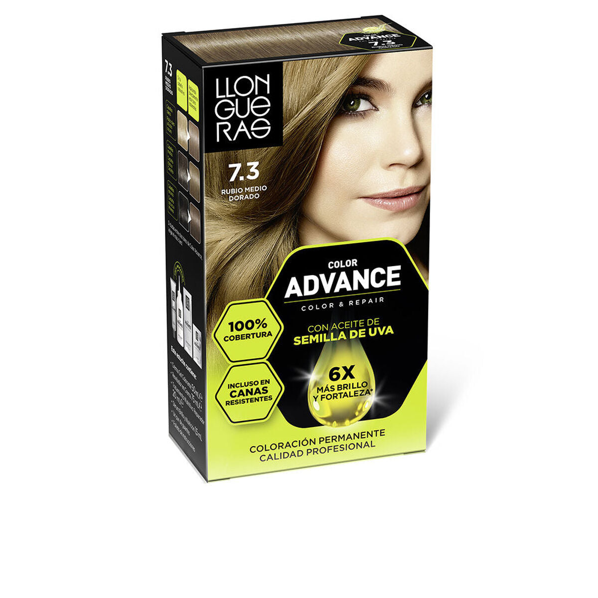 Permanent Colour Llongueras COLOR ADVANCE Nº 7,3-Rubio Medio Dorado product packaging