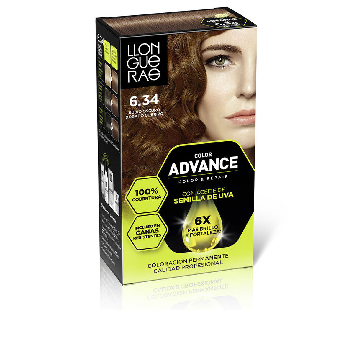 Permanent Colour Llongueras COLOR ADVANCE Nº 6,34-Rubio Oscuro Dorado Cobrizo product packaging