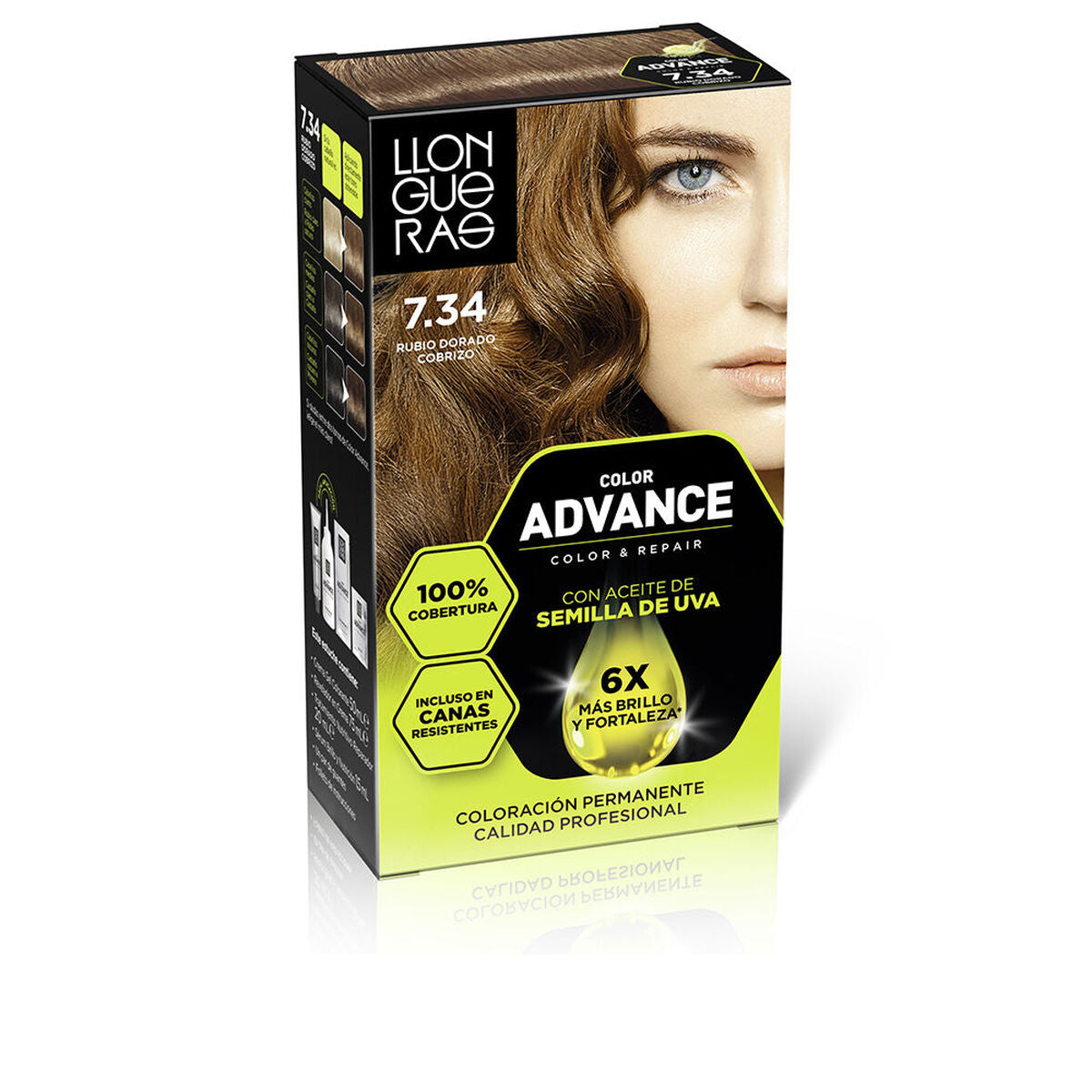 Permanent Colour Llongueras COLOR ADVANCE Nº 7,34-Rubio Dorado Cobrizo product packaging