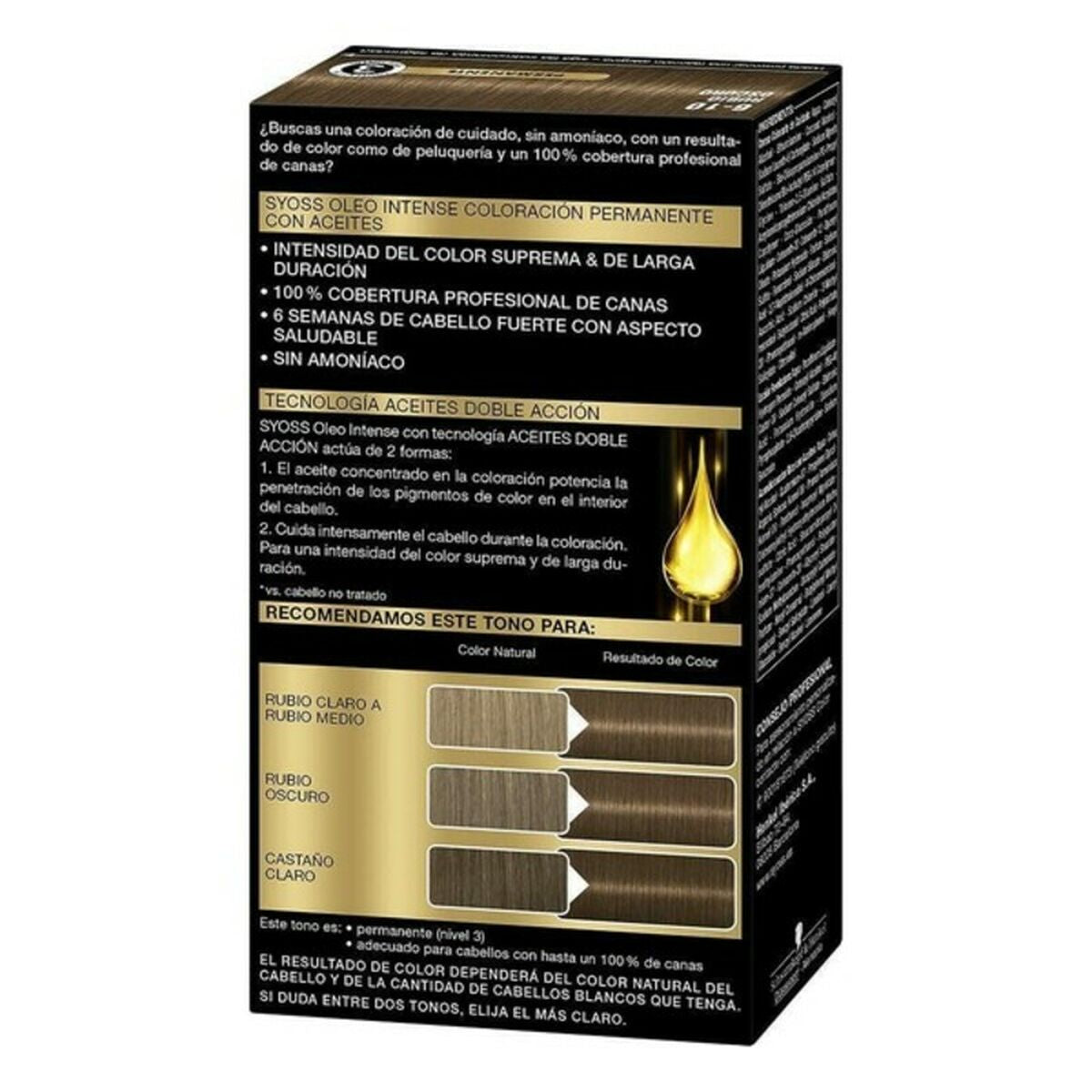 Permanent Dye Syoss Olio Intense Dark Blonde Nº 6,10 Platinum Blonde Nº 6.10-Rubio Oscuro for Women product packaging