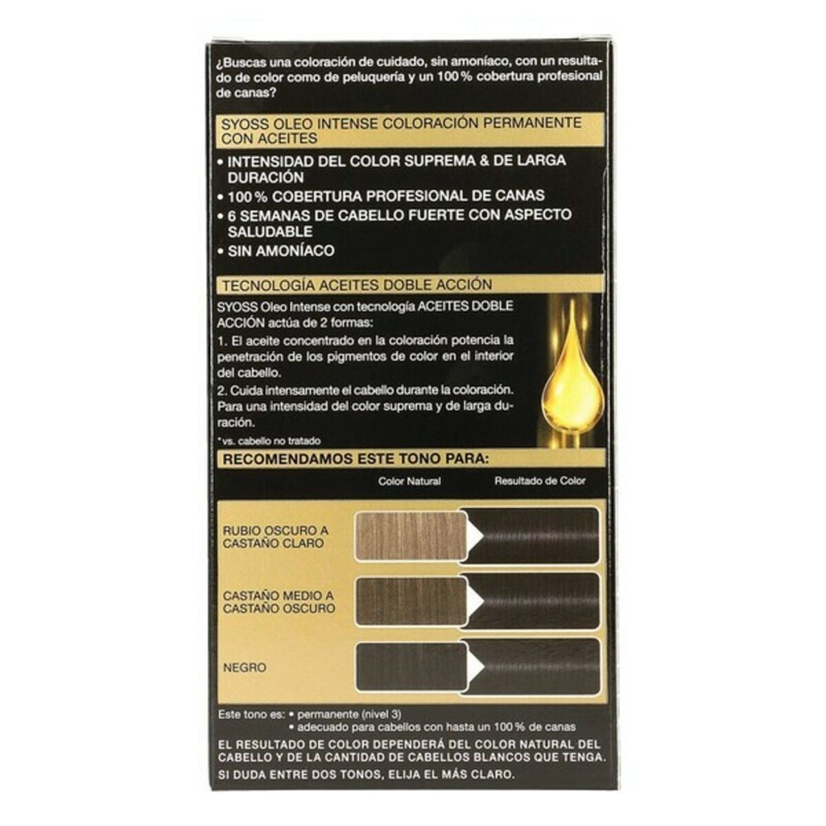 Permanent Dye Syoss Olio Intense Black Intense Nº 1,10 Platinum Blonde Nº 1.10-Negro Intenso for Women product packaging