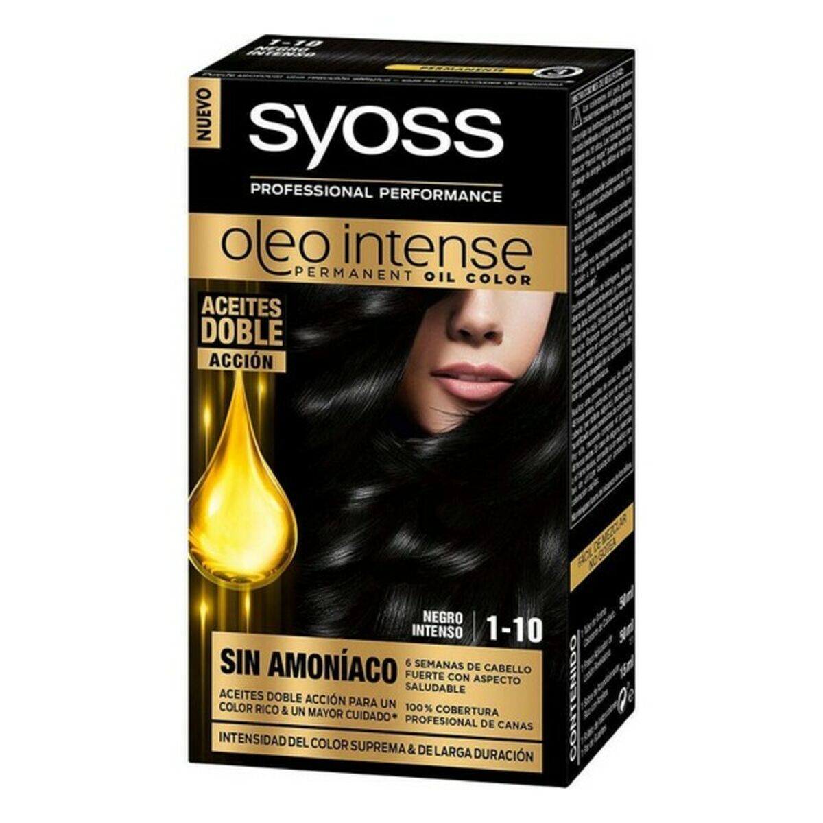 Permanent Dye Syoss Olio Intense Black Intense Nº 1,10 Platinum Blonde Nº 1.10-Negro Intenso for Women product packaging