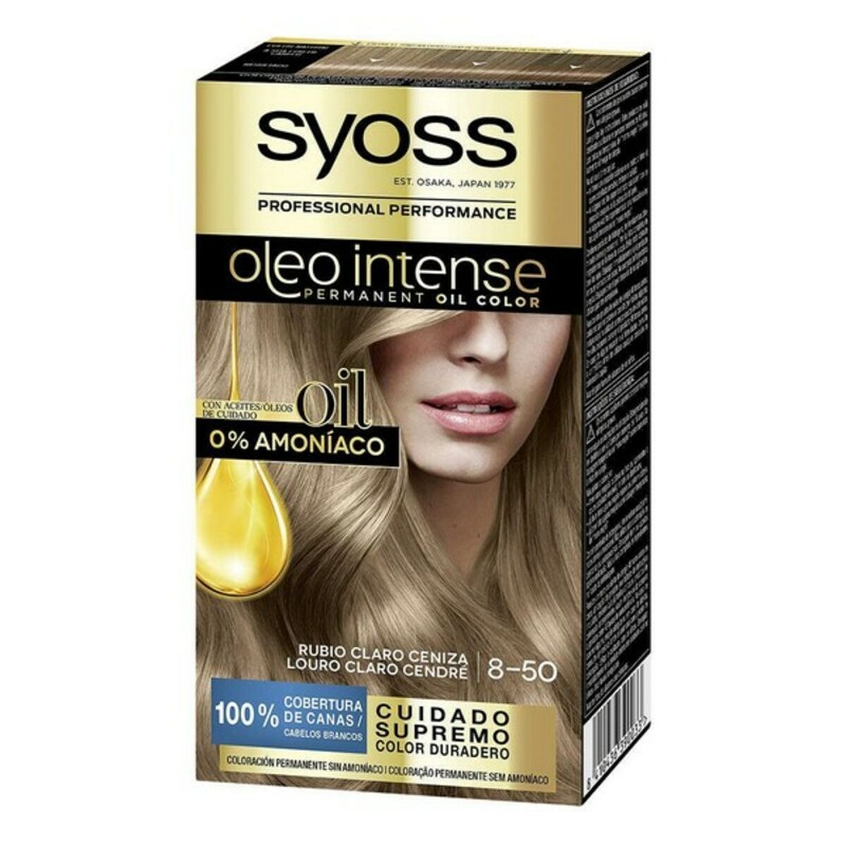 Permanent Dye Syoss Olio Intense Light Ash Blonde Nº 8,50 Platinum Blonde Nº 8.50-Rubio Ceniza for Women product packaging