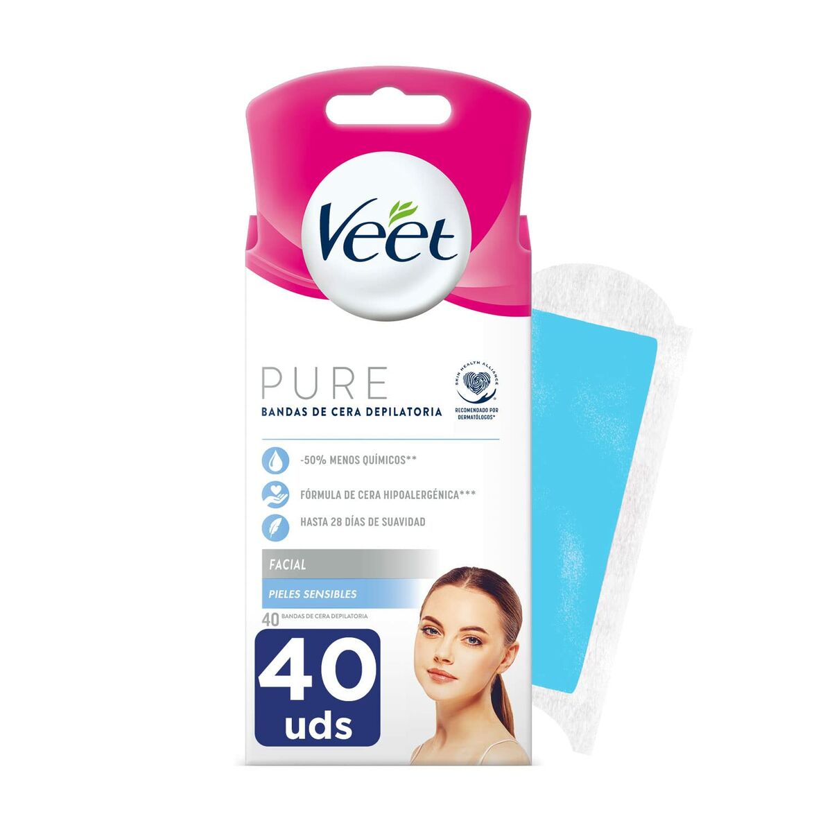 Facial Hair Removal Strips Veet Bandas De Cera Pure Sensitive skin (40 Units) product packaging