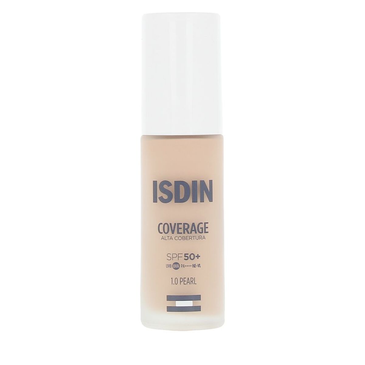 Liquid Make Up Base Isdin COVERAGE Nº 1.0 Pearl Spf 50 30 g product packaging