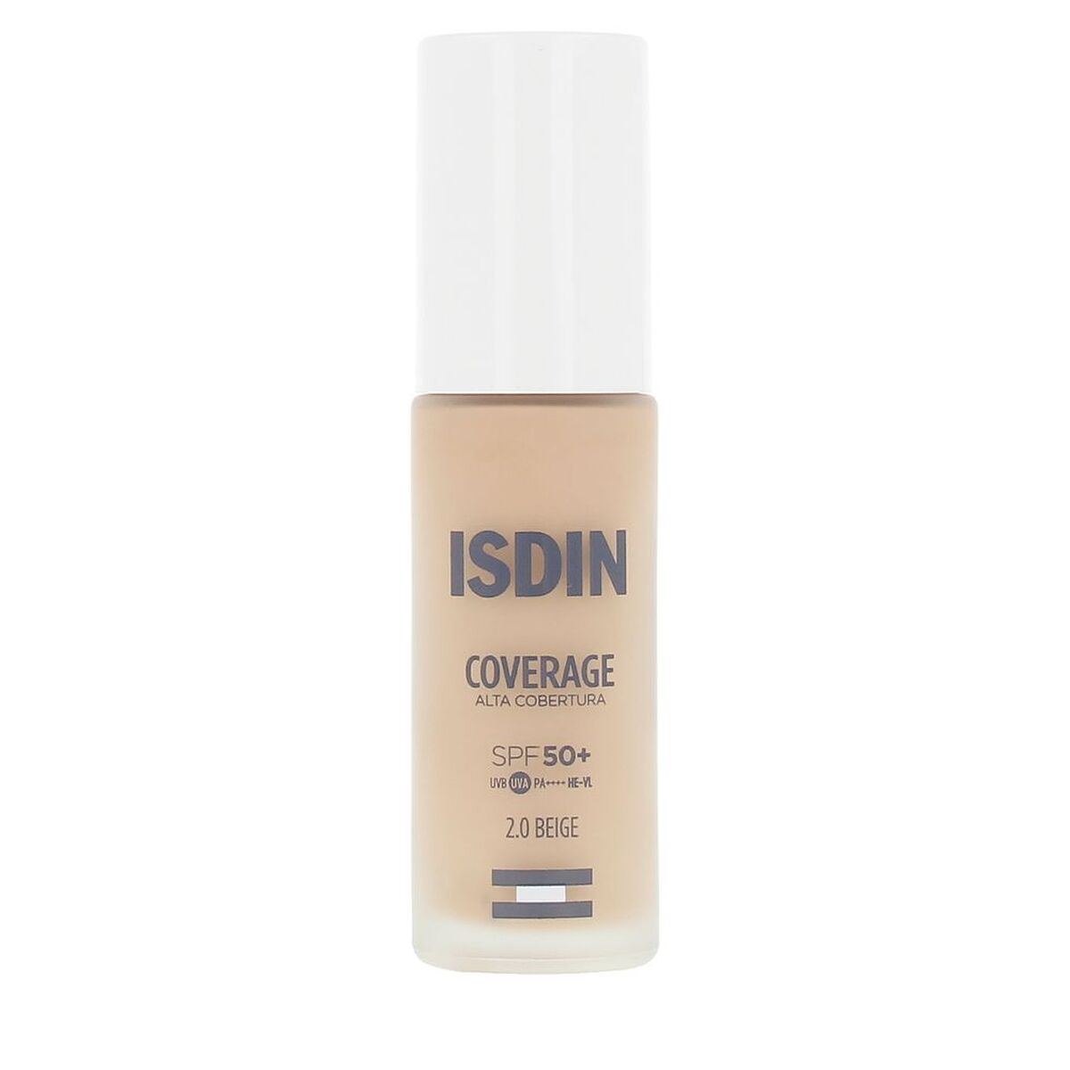 Liquid Make Up Base Isdin COVERAGE Nº 2.0 Beige Spf 50 30 g product packaging