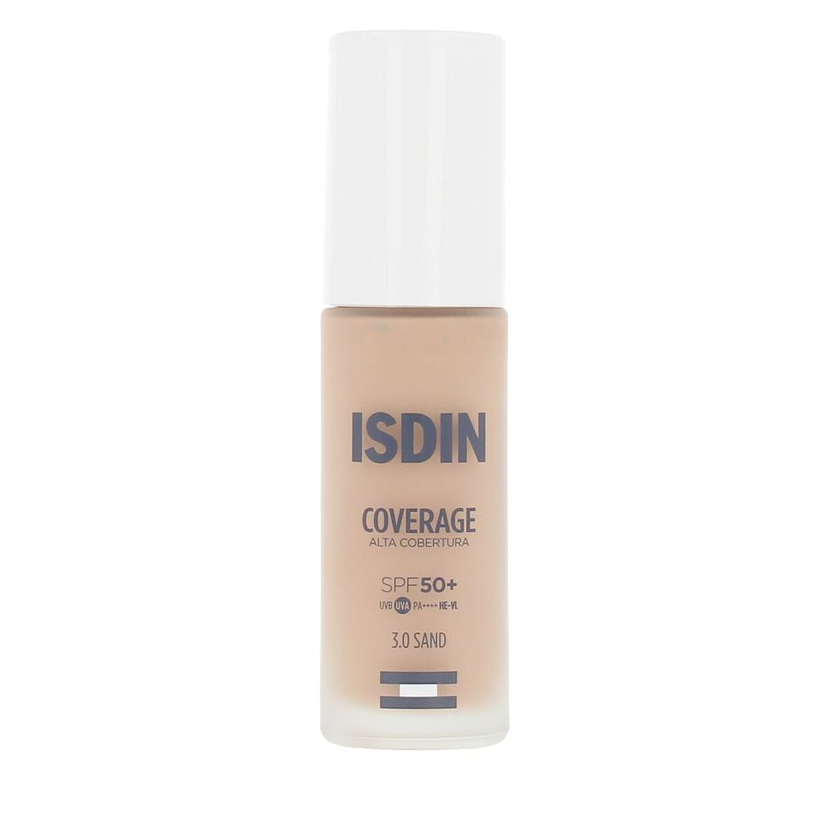 Liquid Make Up Base Isdin COVERAGE Nº 3.0 Sand Spf 50 30 g product packaging