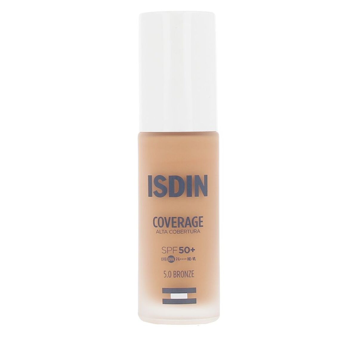 Liquid Make Up Base Isdin COVERAGE Nº 5.0 Bronze Spf 50 30 g product packaging