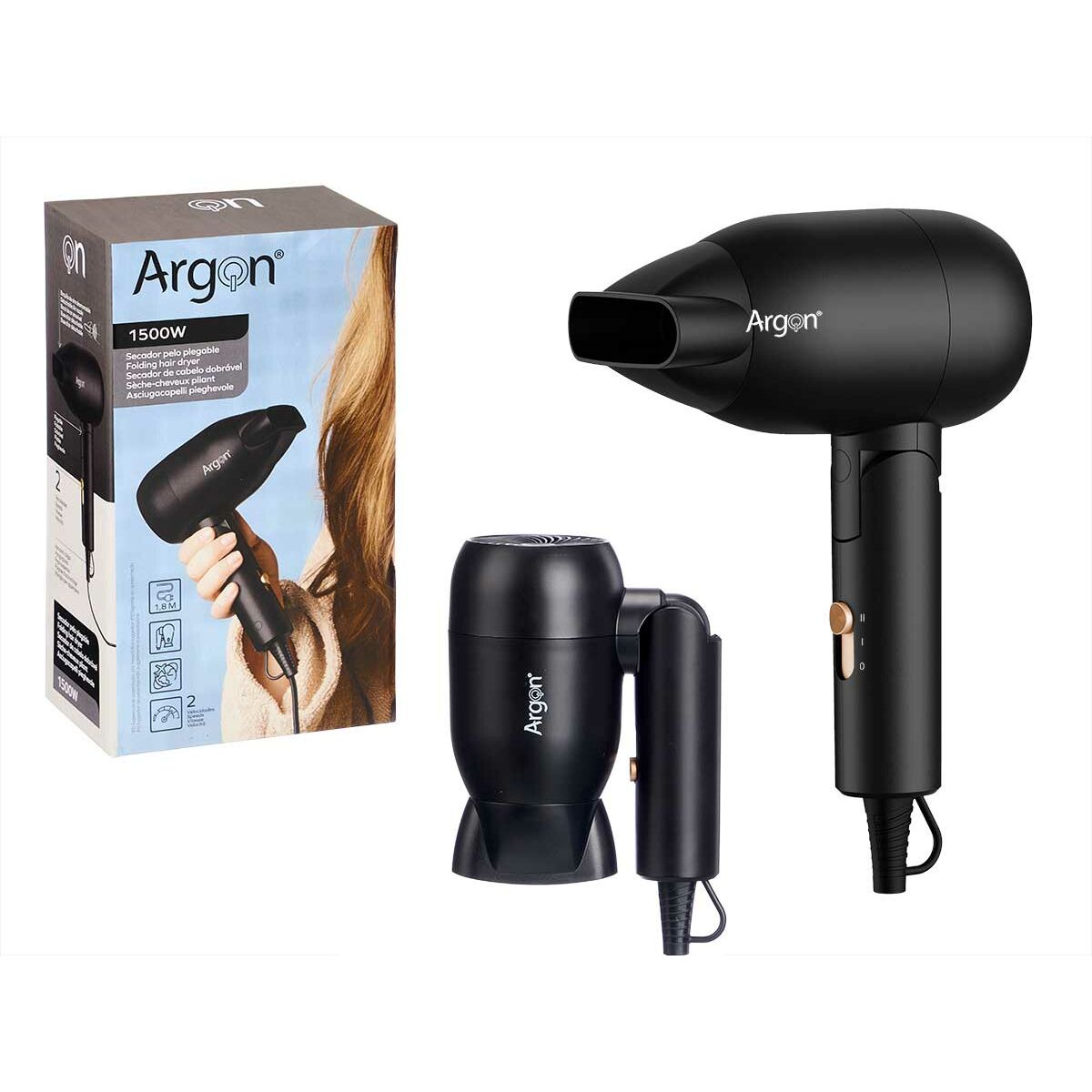 Foldable Hair Dryer Argon Black Golden 1500 W product packaging