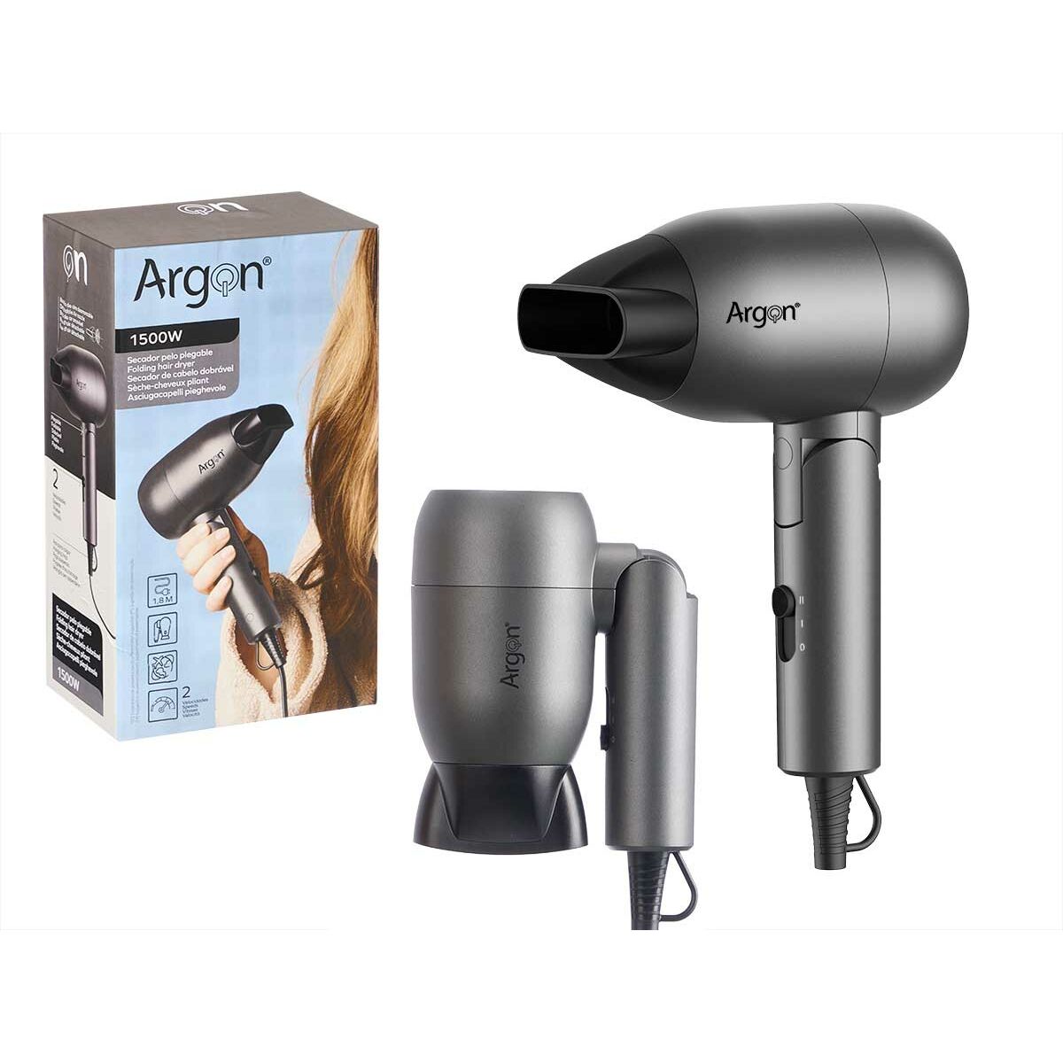 Foldable Hair Dryer Argon Black Silver 1500 W product packaging