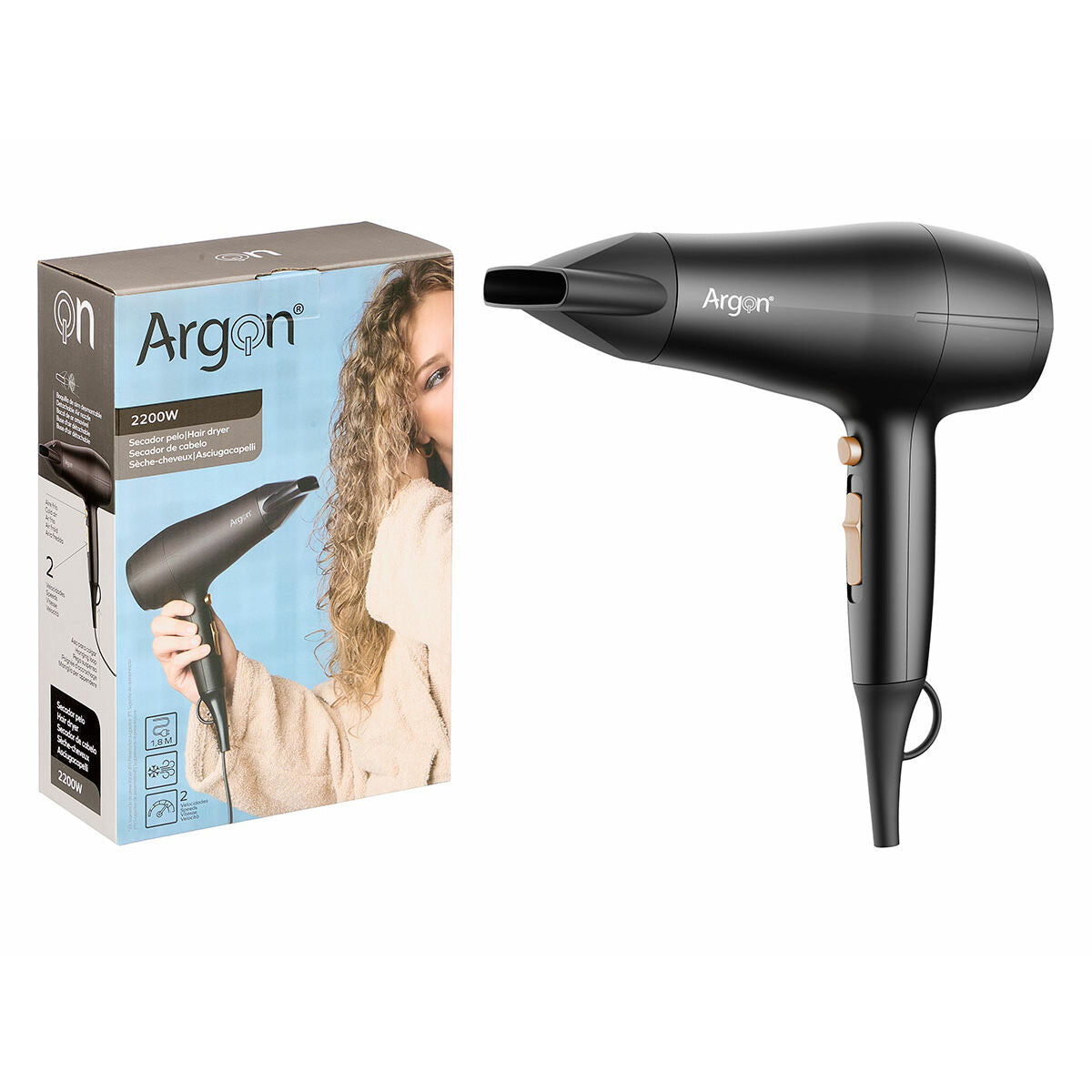 Hairdryer Argon Black Golden 2200 W product packaging