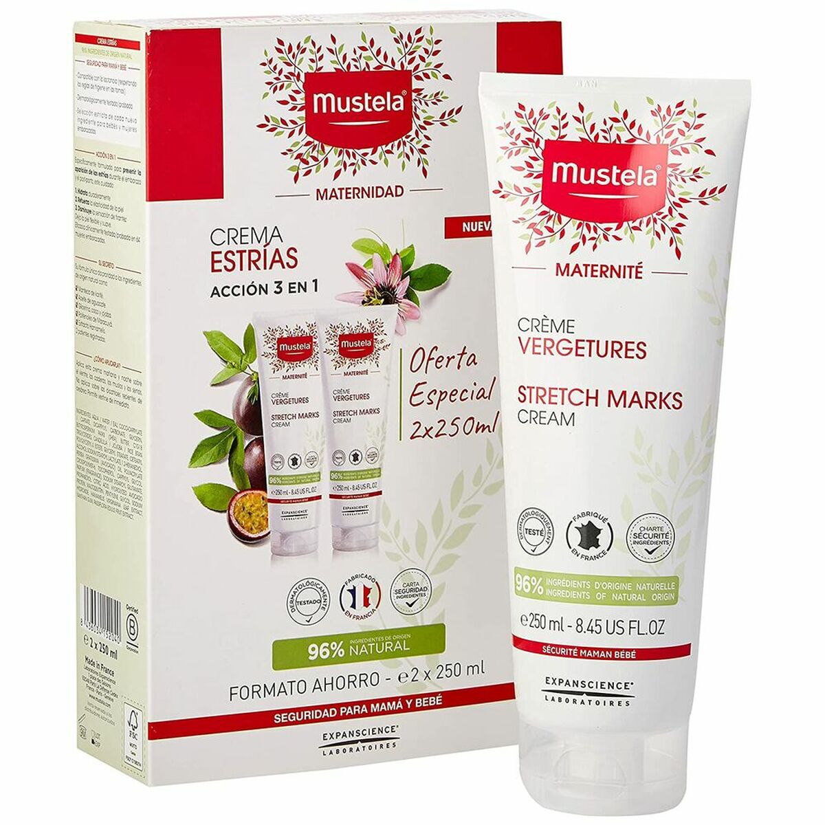 Anti-Stretch Mark Cream Mustela 250 ml 3-in-1 skincare packaging