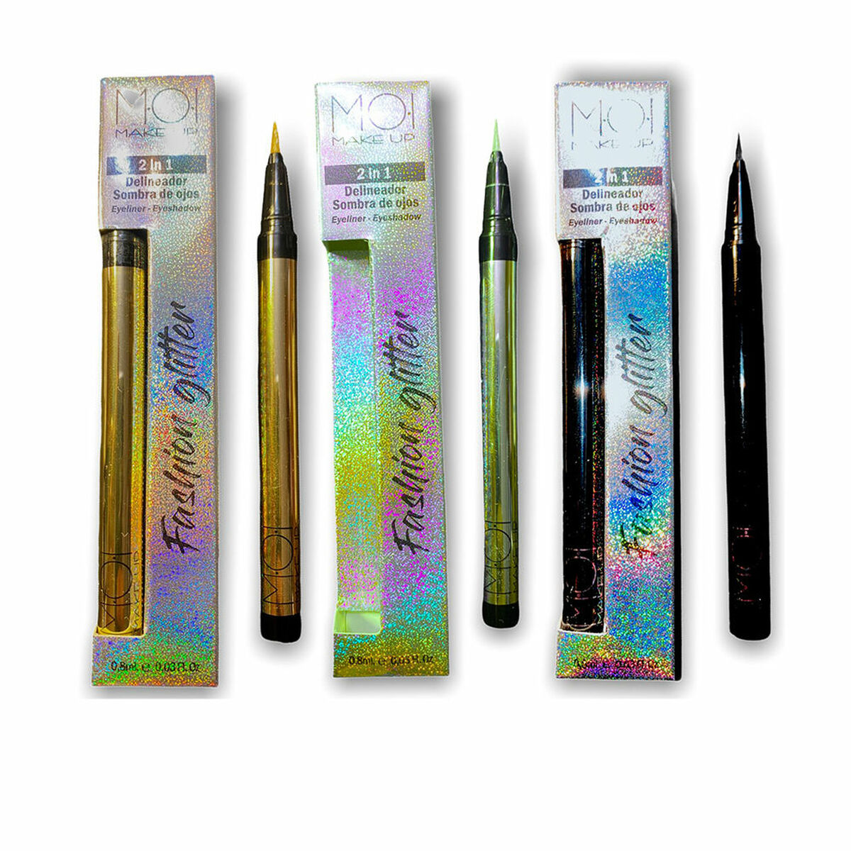 Eyeliner MOI Glitter Yellow Black Green 3 Pieces makeup packaging