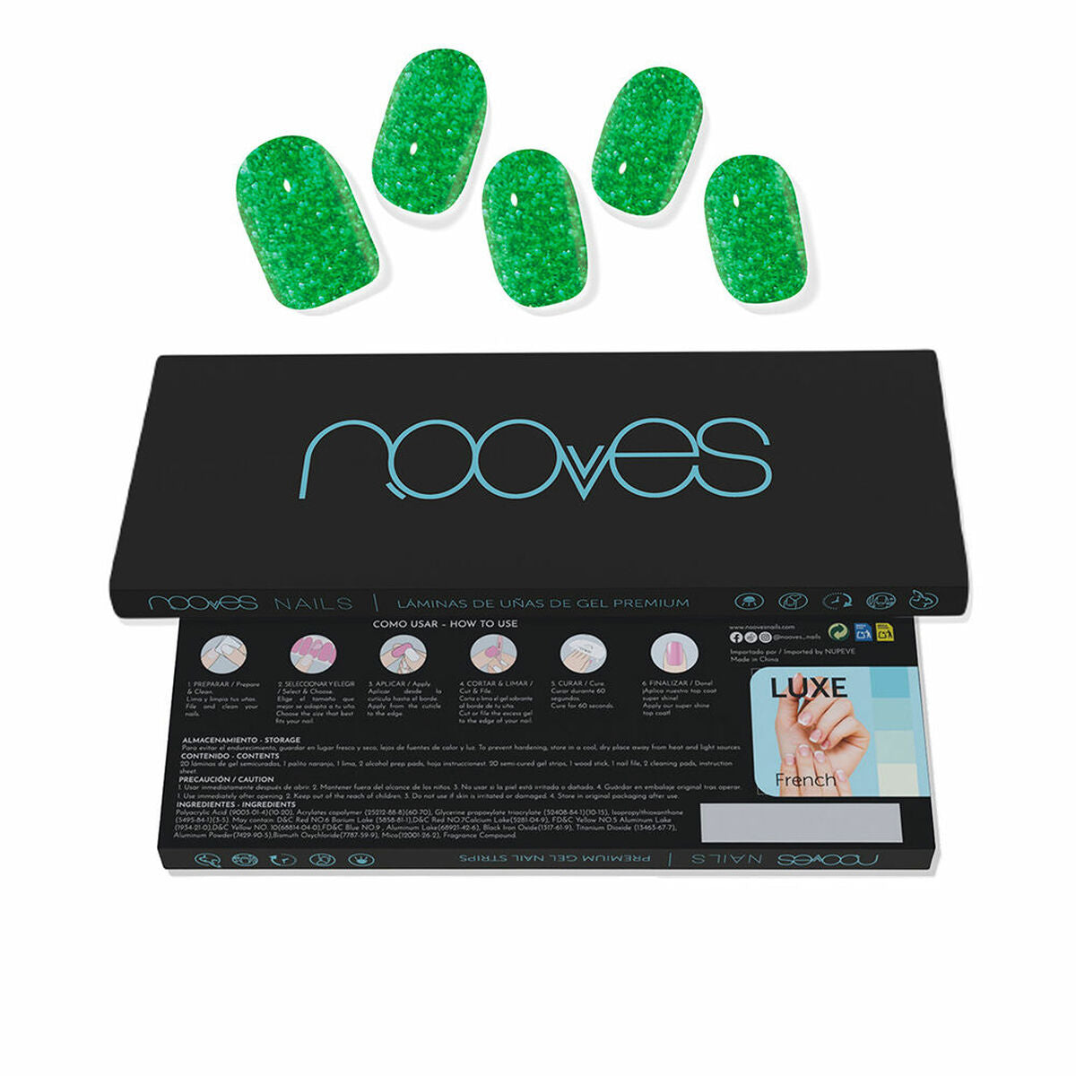 Gel Nail Strips Nooves Láminas De Uñas De Gel Glitter green 20 Pieces skincare packaging