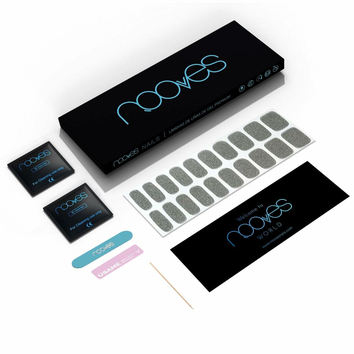 Gel Nail Strips Nooves Láminas De Uñas De Gel Glitter grey 20 Pieces skincare packaging