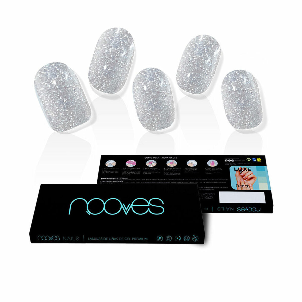 Gel Nail Strips Nooves Láminas De Uñas De Gel Glitter grey 20 Pieces skincare packaging