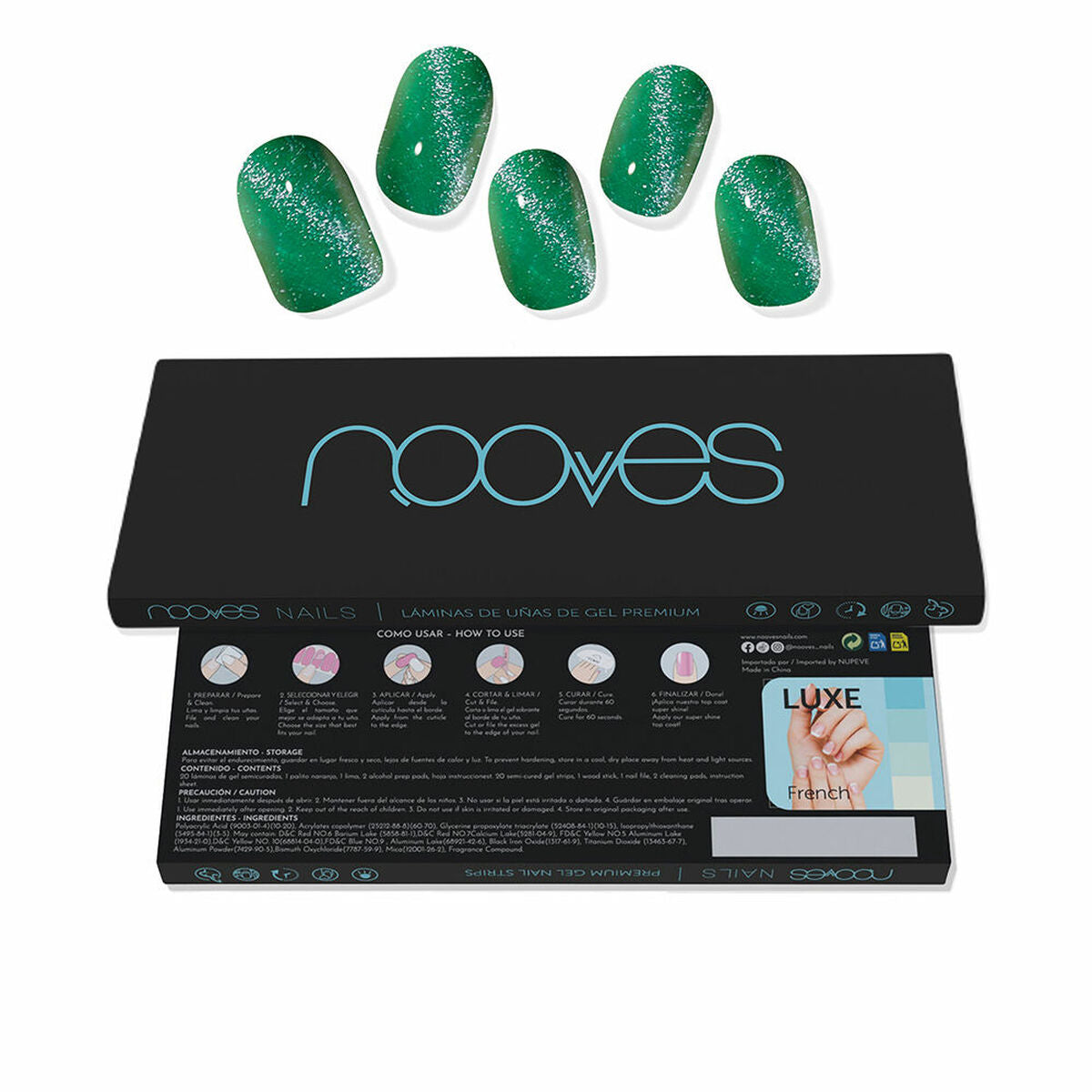 Gel Nail Strips Nooves Láminas De Uñas De Gel Cat eye green 20 Pieces skincare packaging
