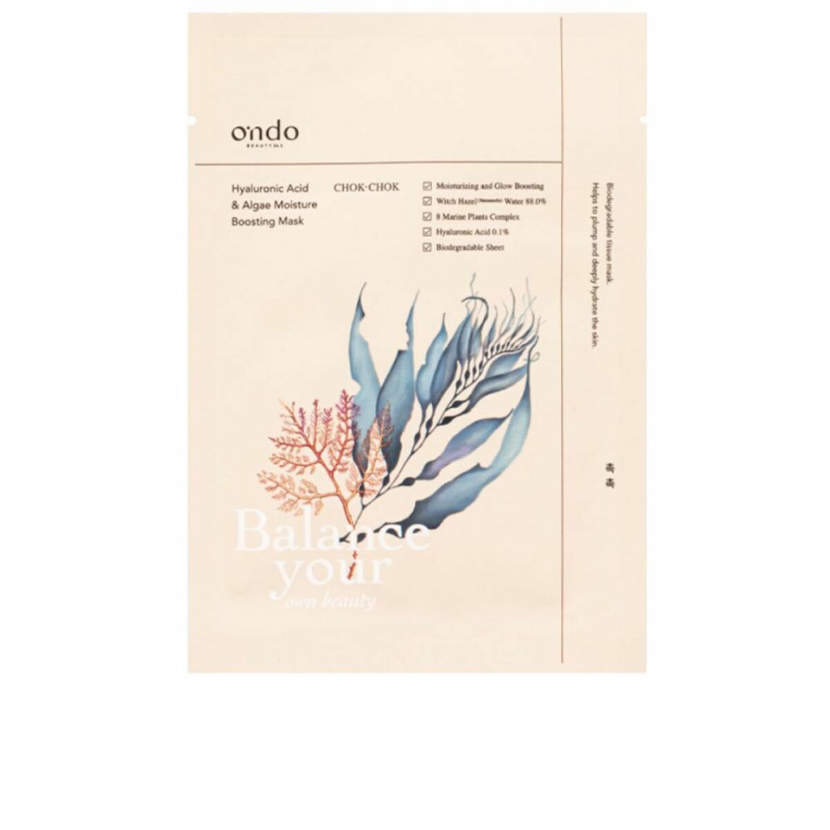 Hydrating Mask Ondo Beauty 36.5 HYALURONIC ACID & ALGAE MOISTURE 25 ml Hyaluronic Acid Marine algae for Women mask packaging