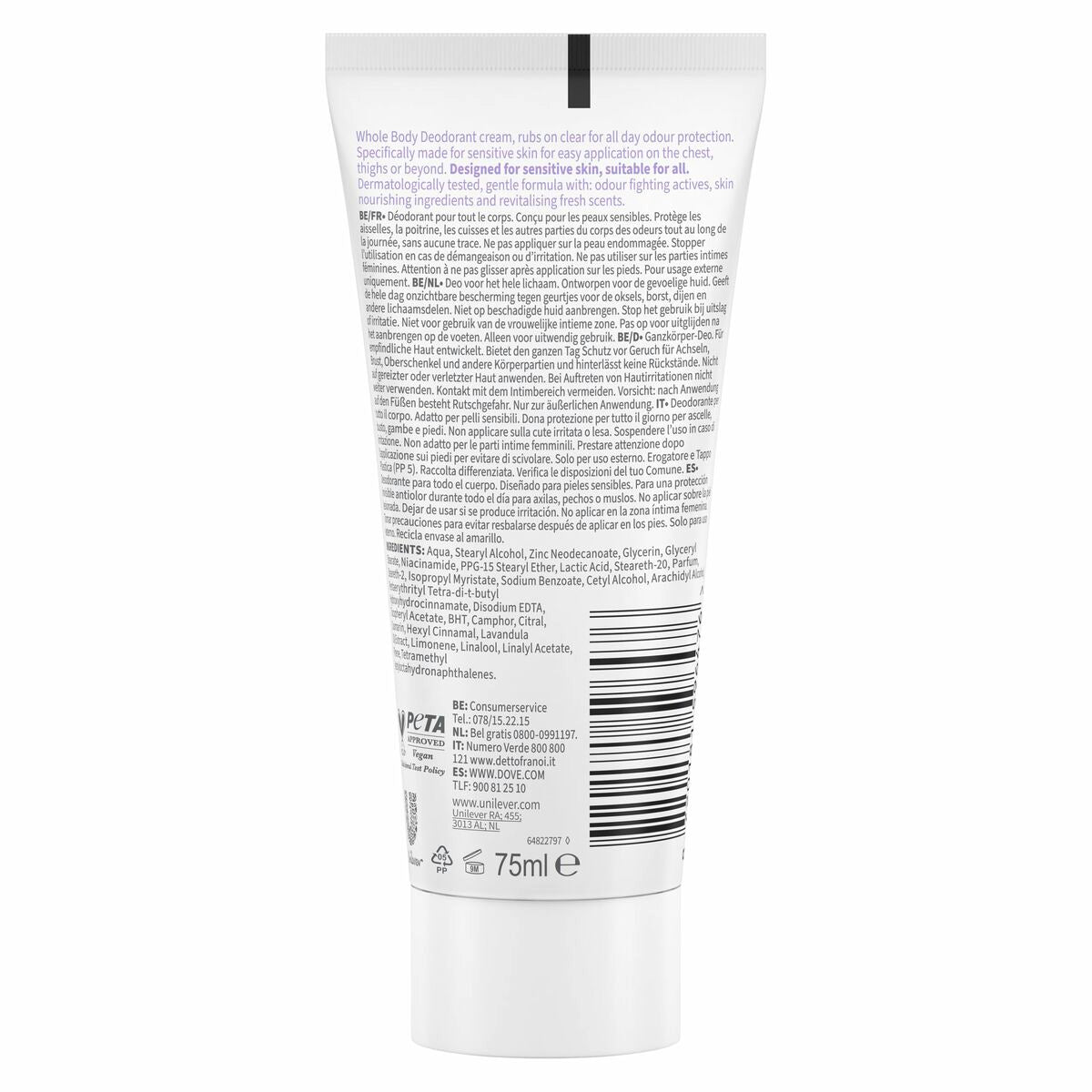 Cream Deodorant Dove LAVANDA & CAMOMILA 75 ml skincare packaging