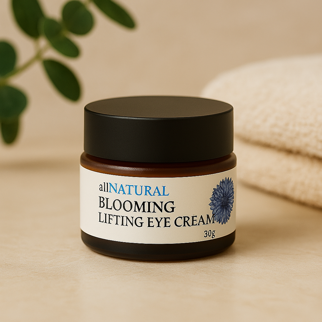Jar of all natural blooming lifting eye cream on a beige background