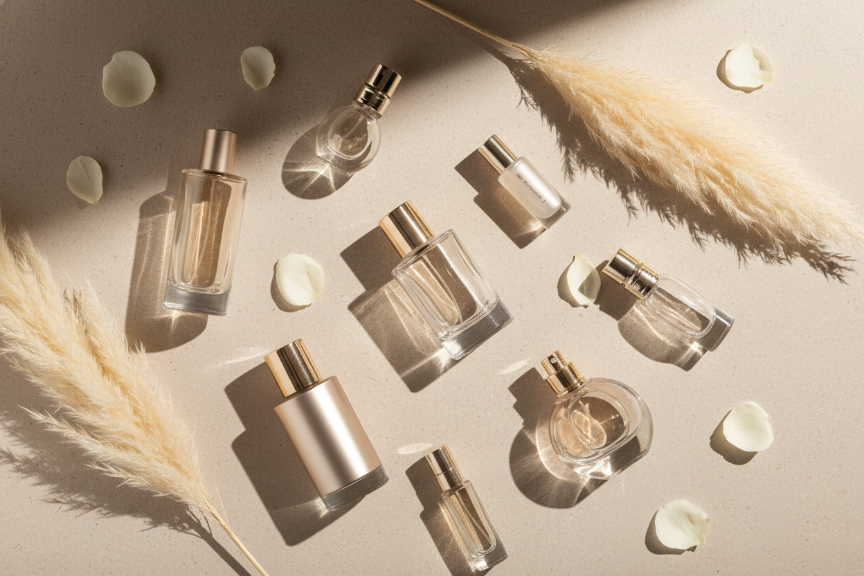 Create a premium editorial still-life image for an ecommerce mega menu. Use a soft, warm neutral palette (beige, cream, sand, light stone). Style should be luxurious, minimal and gender-neutral. Use natural soft daylight with gentle shadows and a clean textured background (marble or matte stone). Include a small set of category-appropriate items in an elegant flat-lay or still-life composition (no logos, no text). Match the cohesive aesthetic of high-end beauty brands like Sephora, category is: Perfume