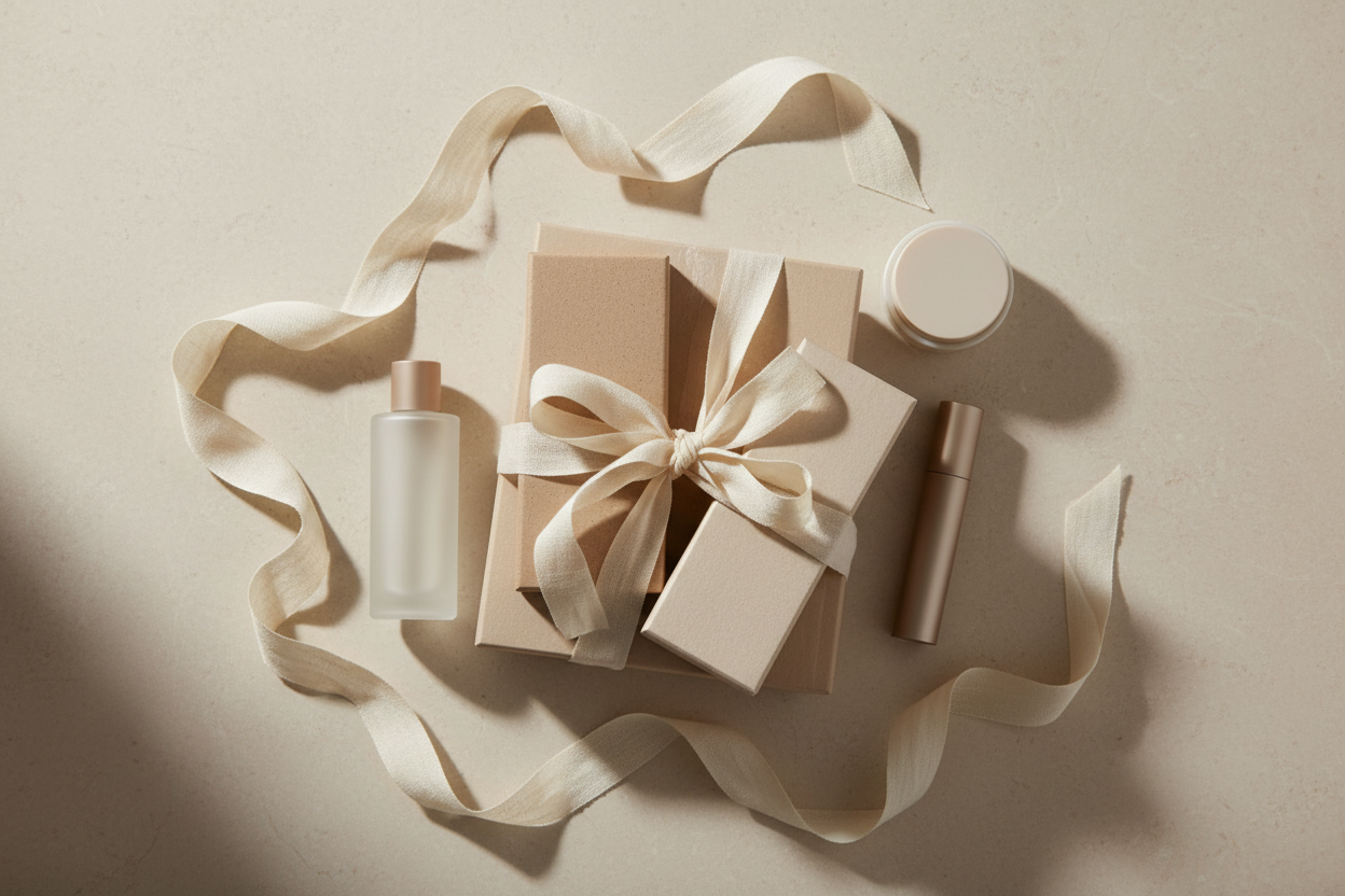 Create a premium editorial still-life image for an ecommerce mega menu. Use a soft, warm neutral palette (beige, cream, sand, light stone). Style should be luxurious, minimal and gender-neutral. Use natural soft daylight with gentle shadows and a clean textured background (marble or matte stone). Include a small set of category-appropriate items in an elegant flat-lay or still-life composition (no logos, no text). Match the cohesive aesthetic of high-end beauty brands like Sephora, category is: Gift & sets